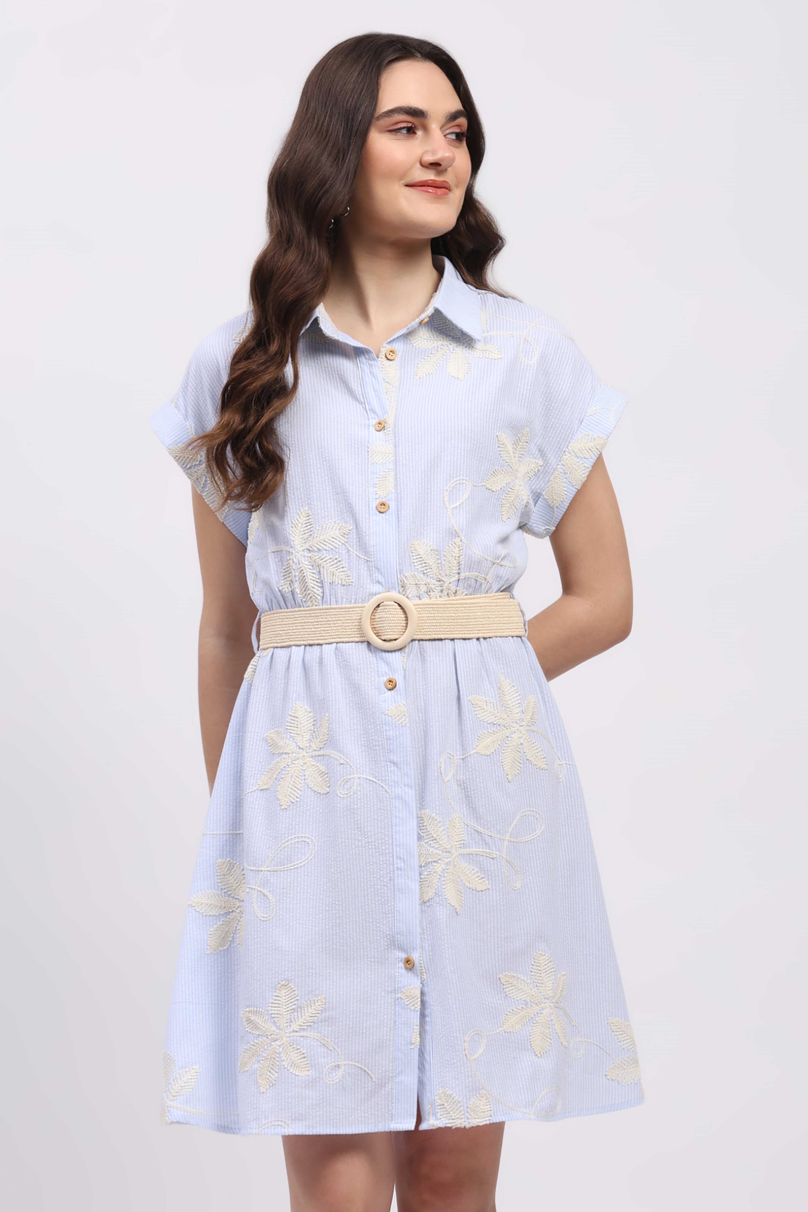 Sky Blue Floral Embroidered Shirt Dress
