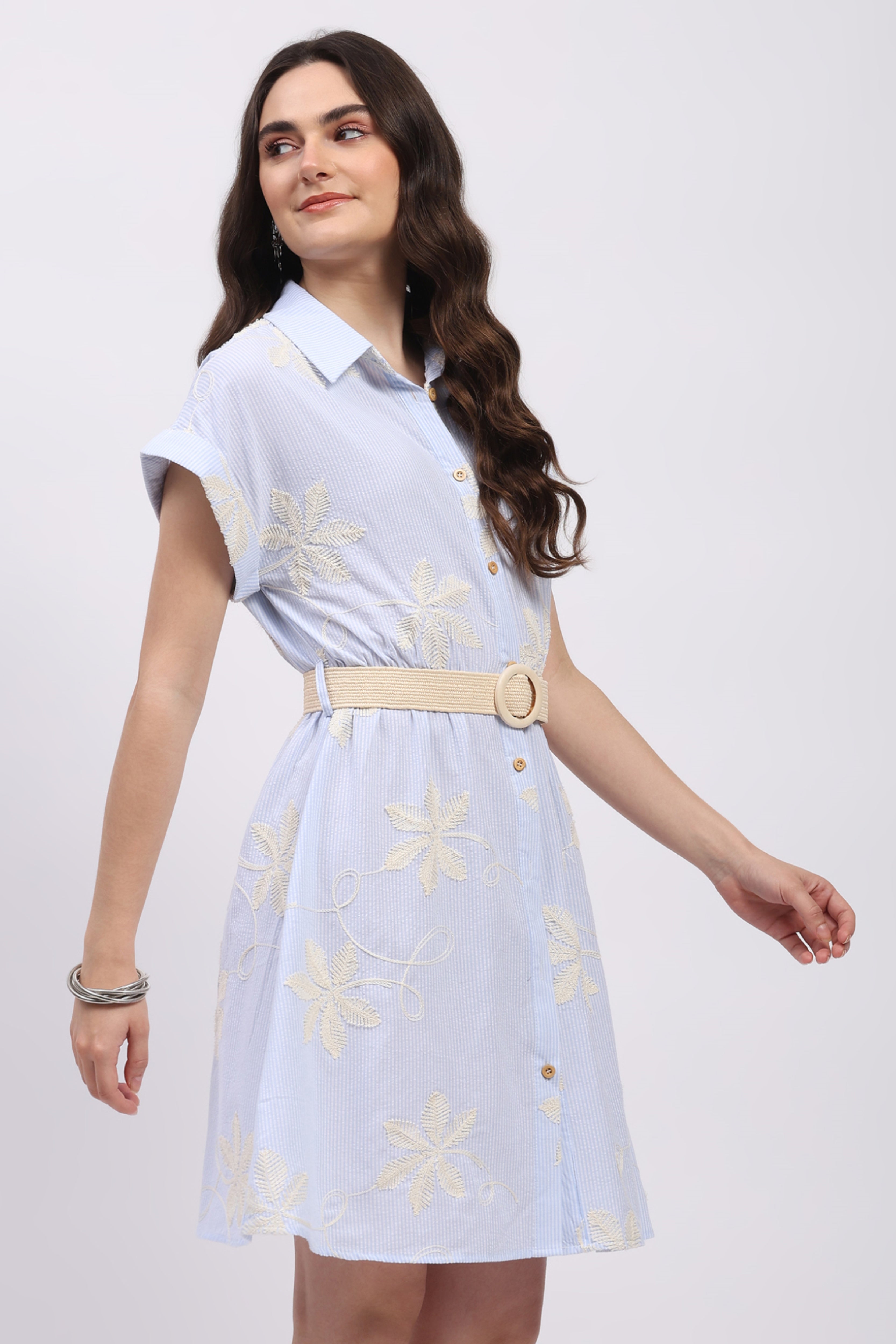 Sky Blue Floral Embroidered Shirt Dress