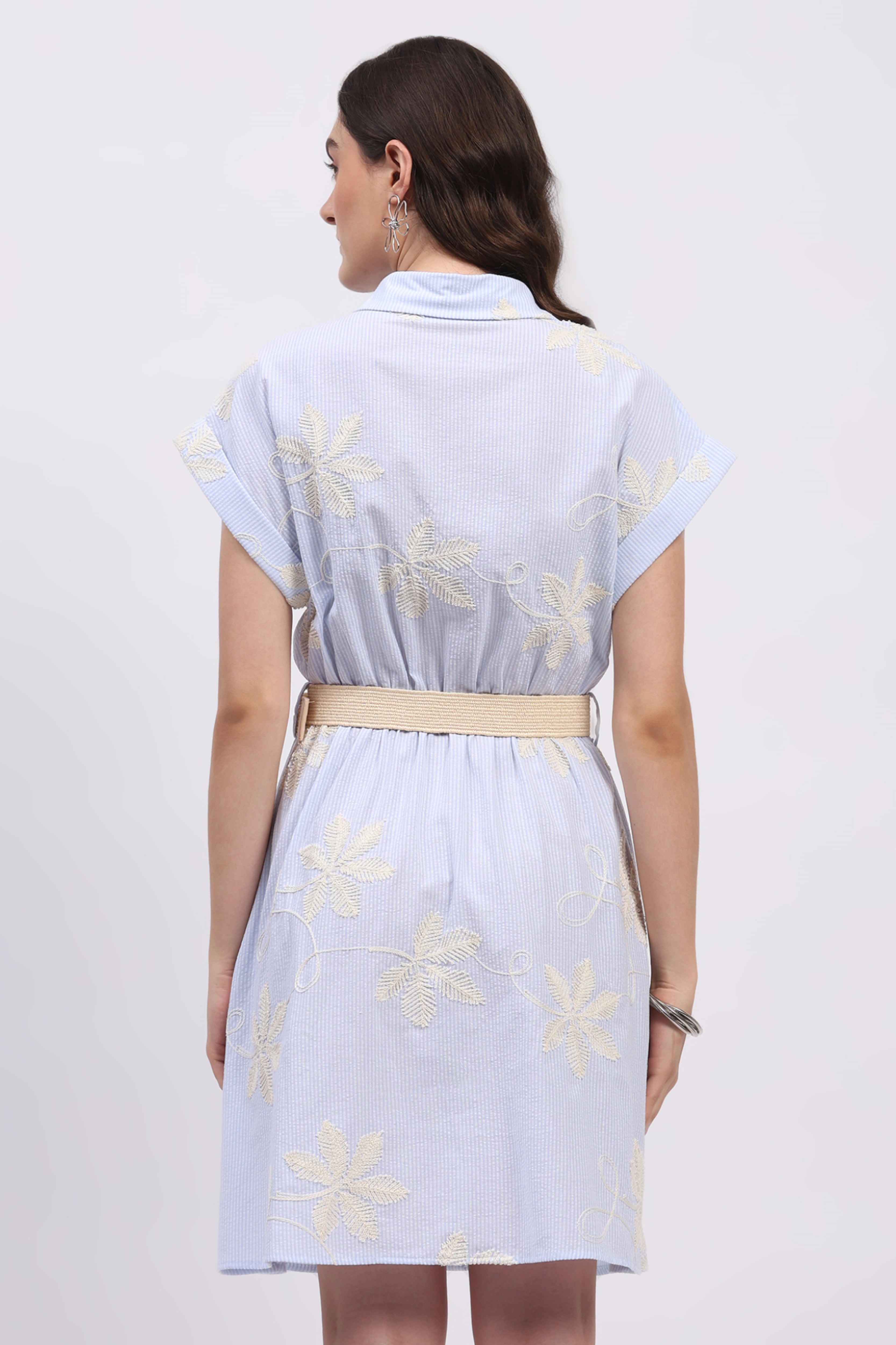 Sky Blue Floral Embroidered Shirt Dress