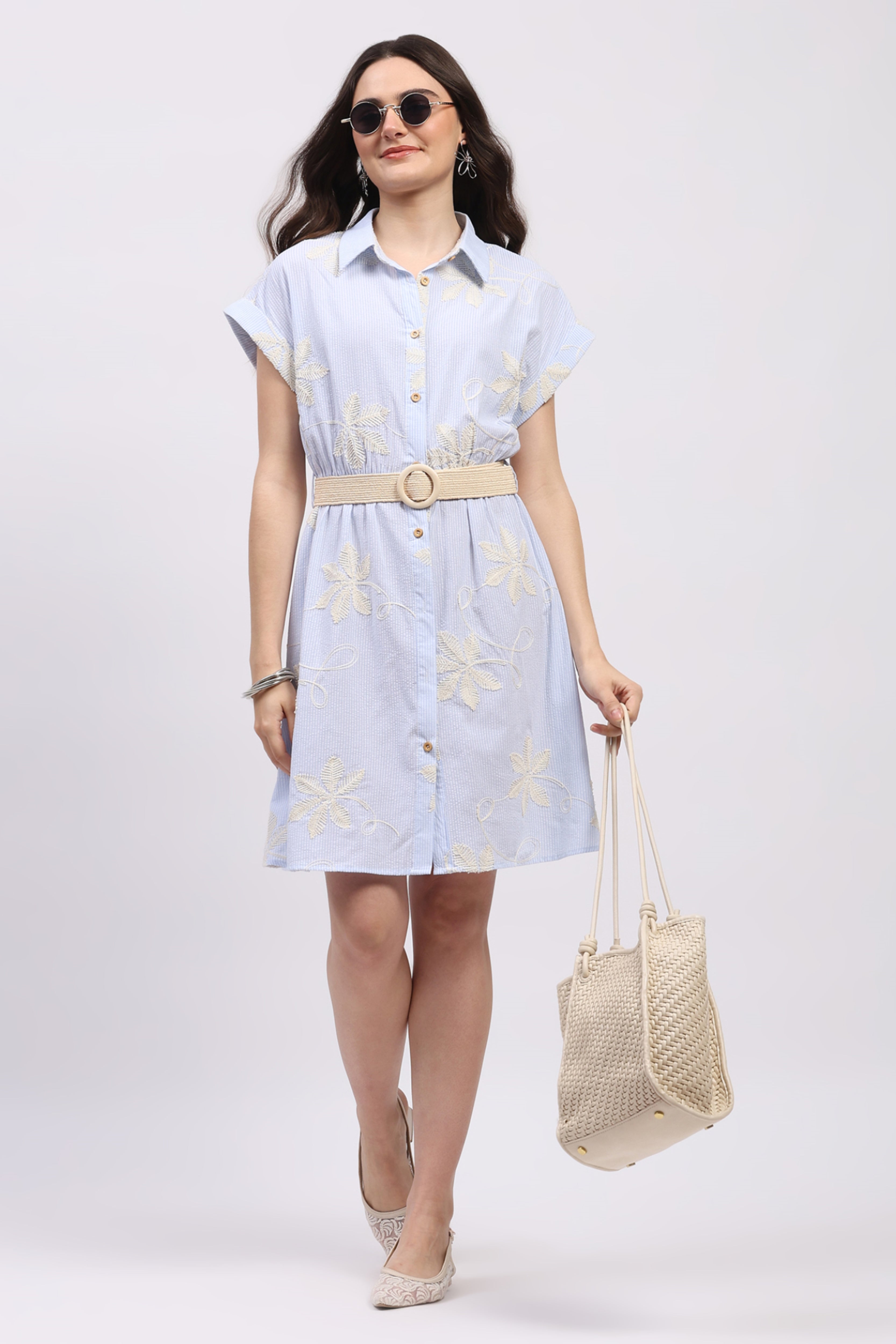 Sky Blue Floral Embroidered Shirt Dress