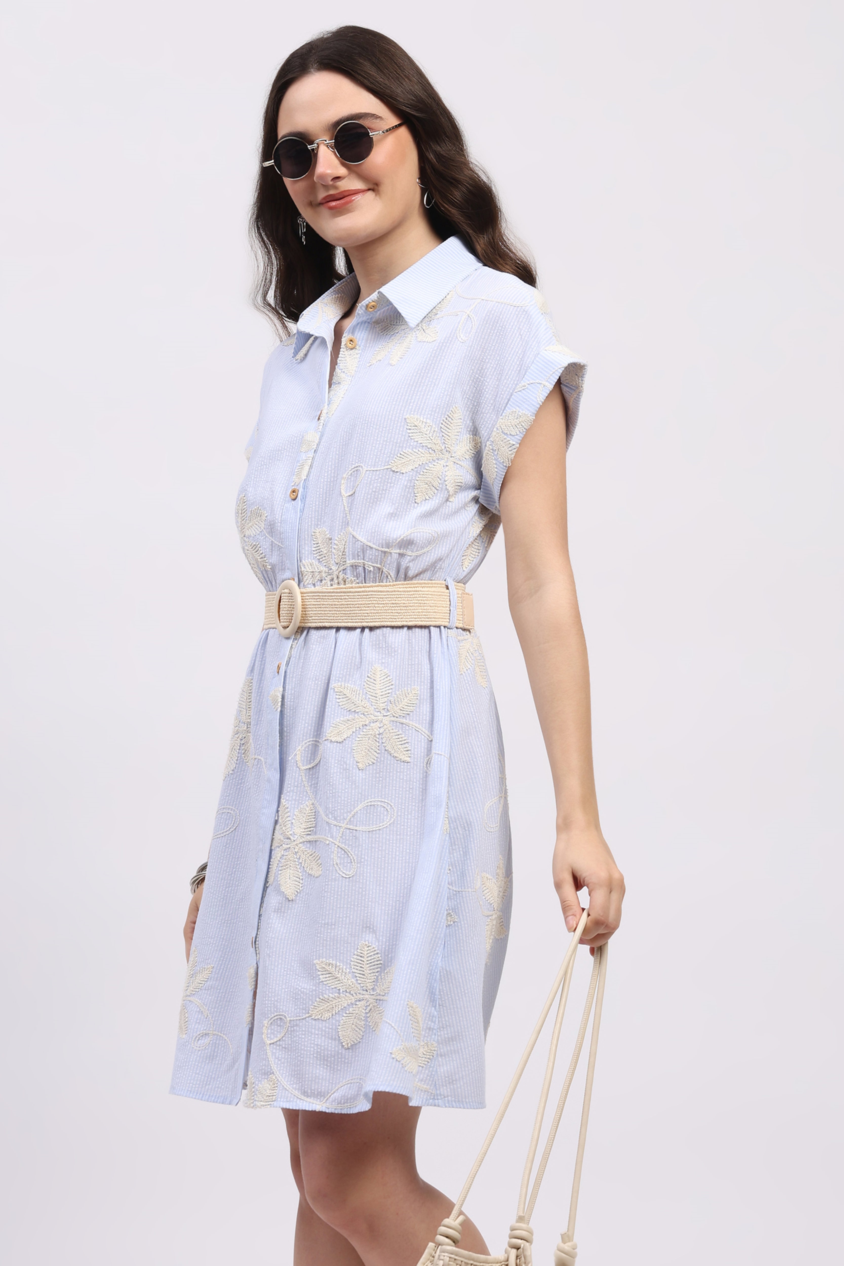Sky Blue Floral Embroidered Shirt Dress
