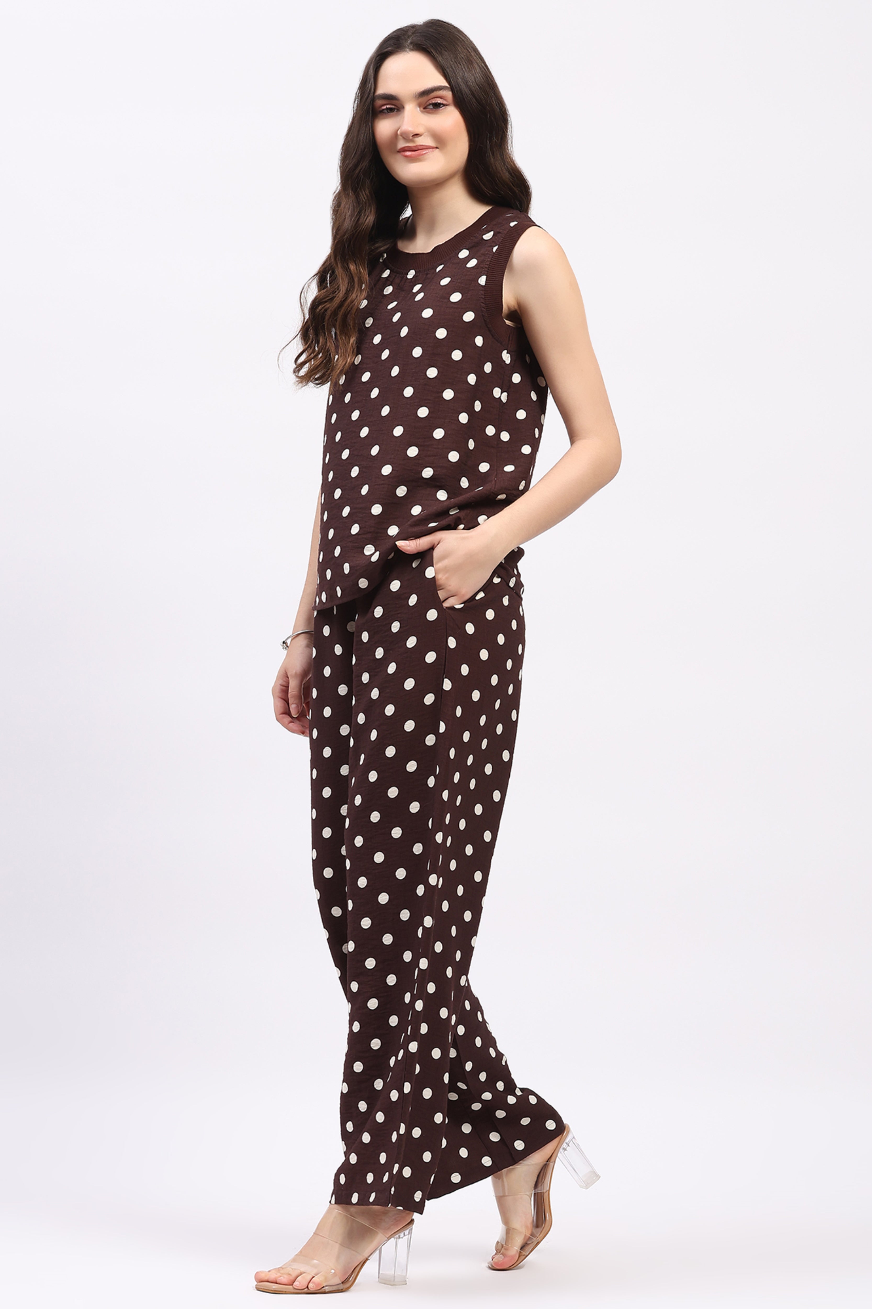 Coffee Brown Polka Dot Top & Lower Set