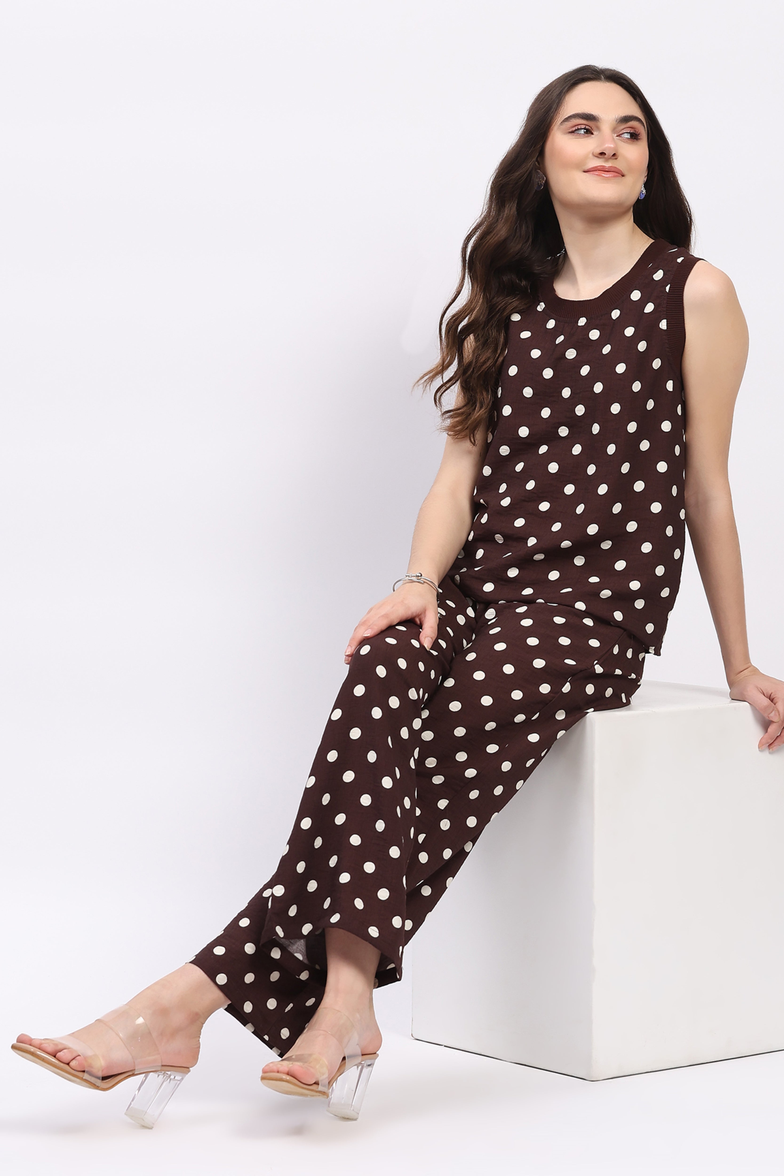 Coffee Brown Polka Dot Top & Lower Set