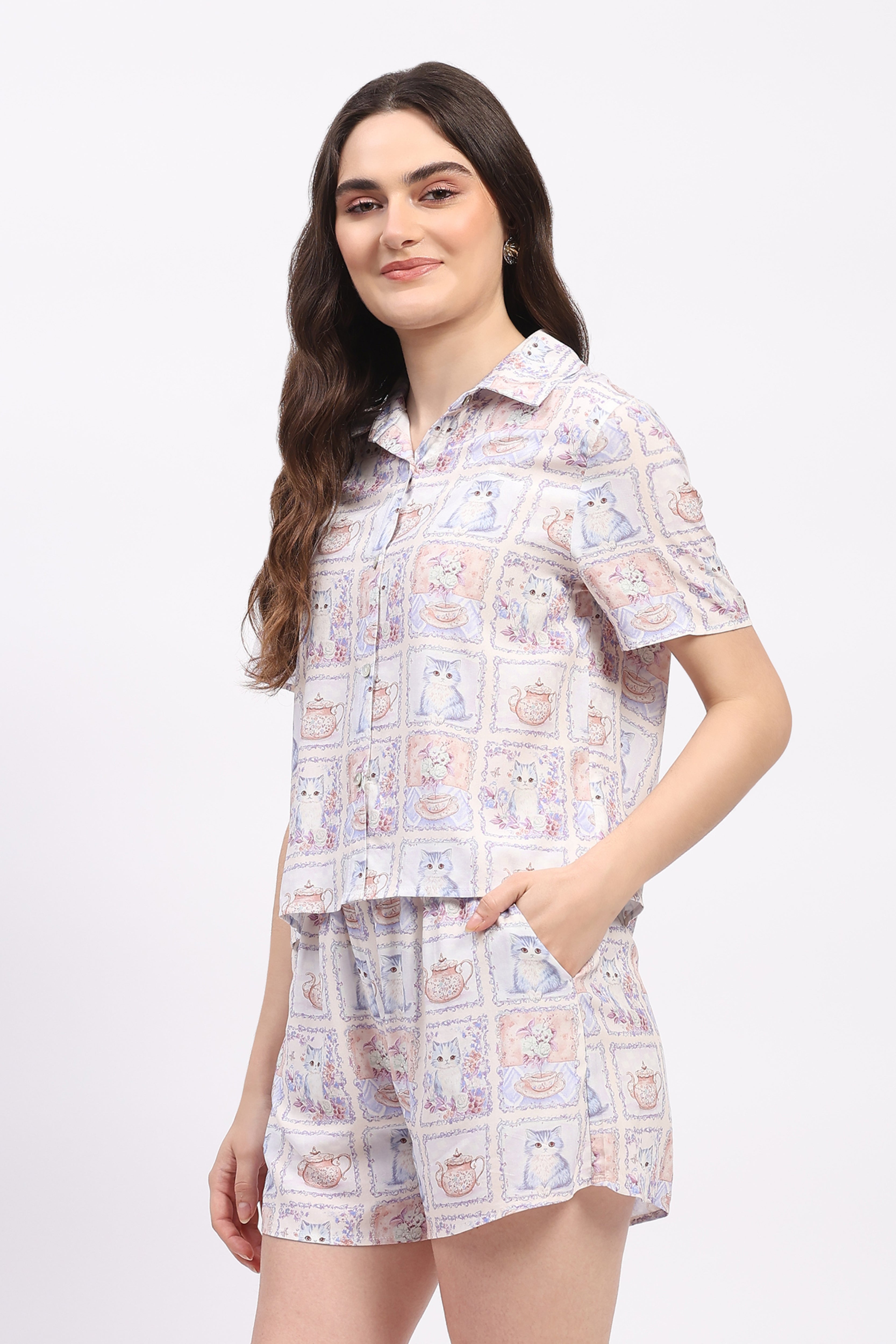 Mauve Quirky Print Rayon Co-ord Set
