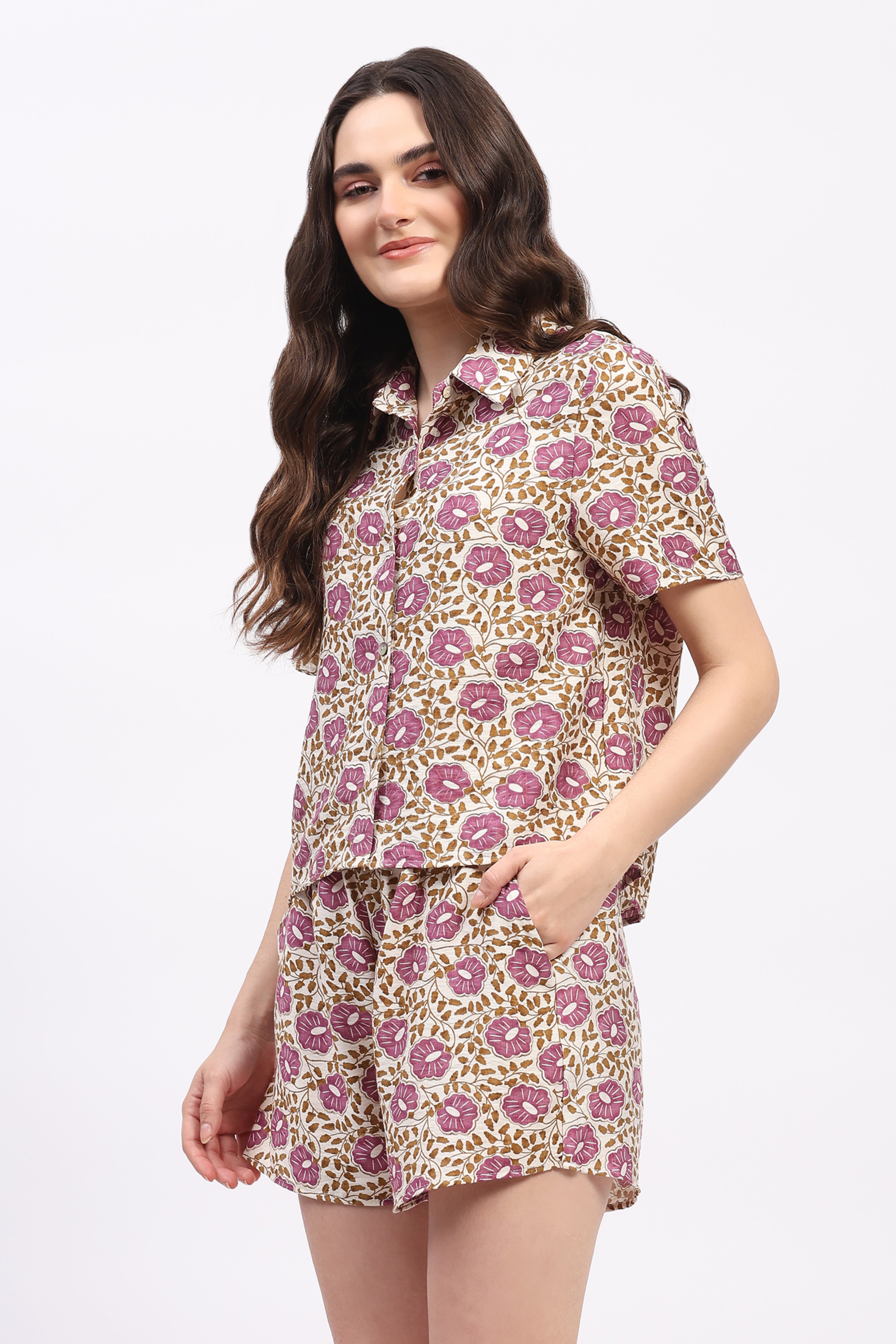 Violet Floral Print Rayon Shirt