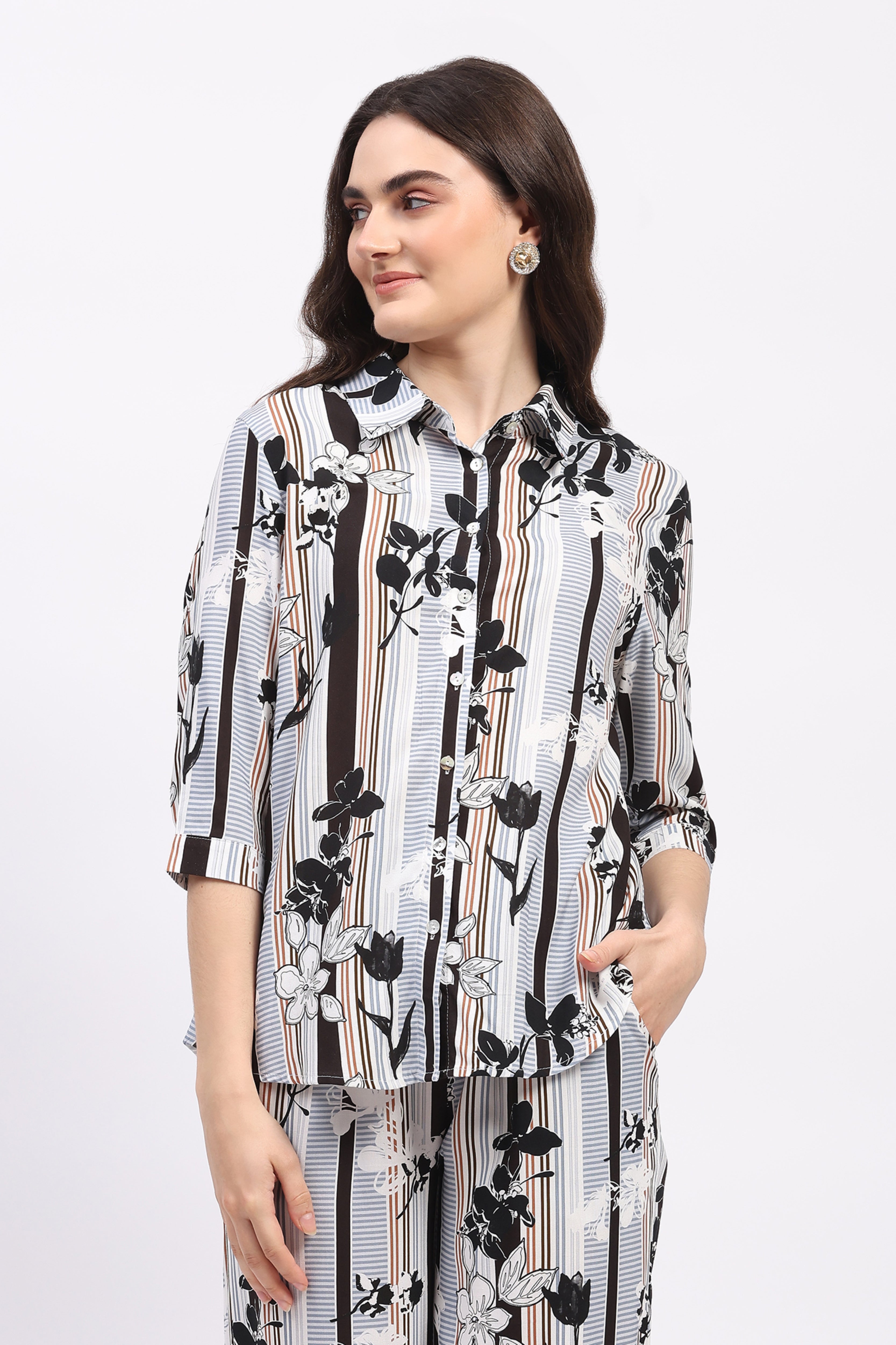 Multi Floral & Striped Print Rayon Shirt