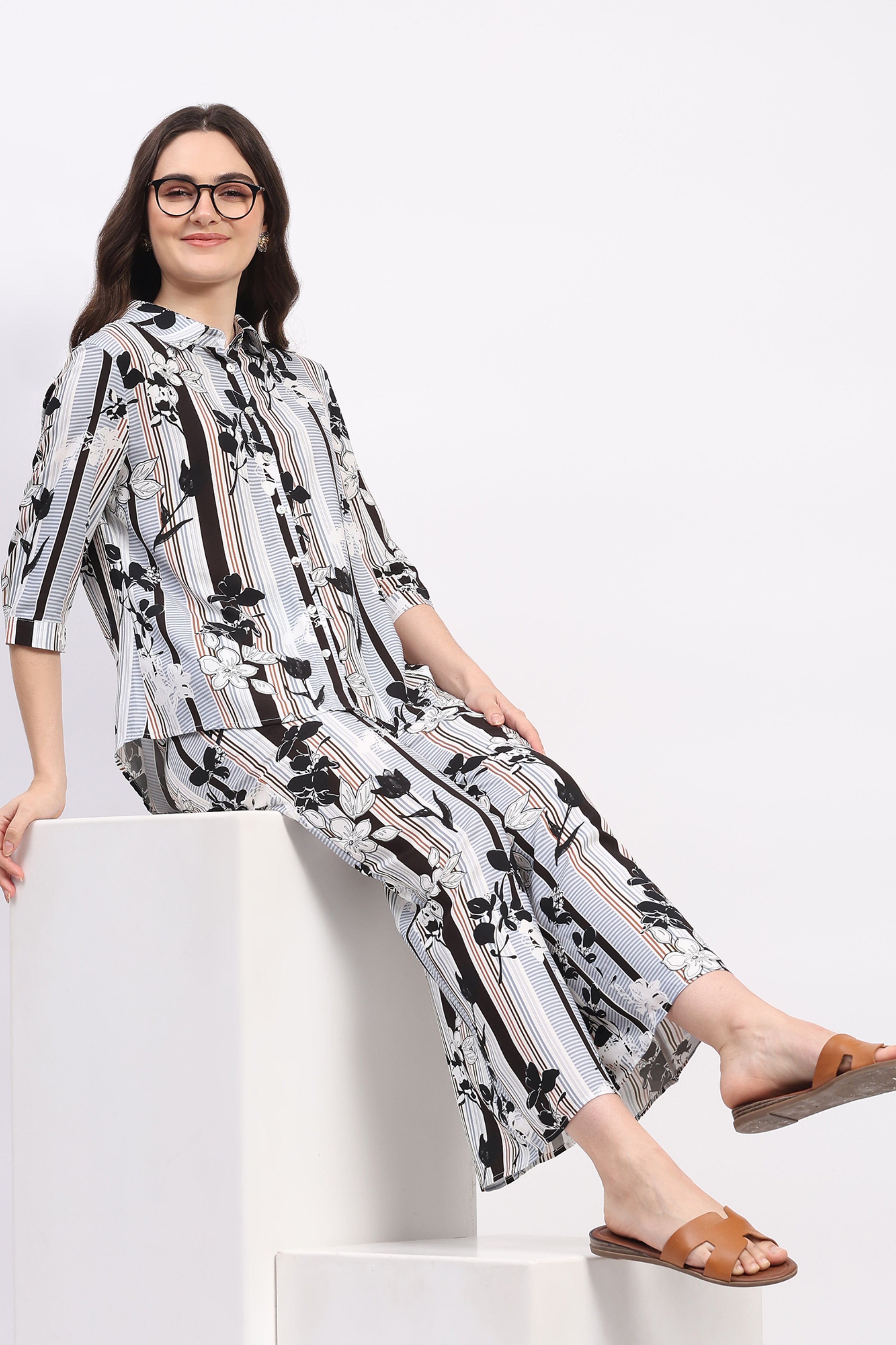 Multi Floral & Striped Print Rayon Co-ord Set