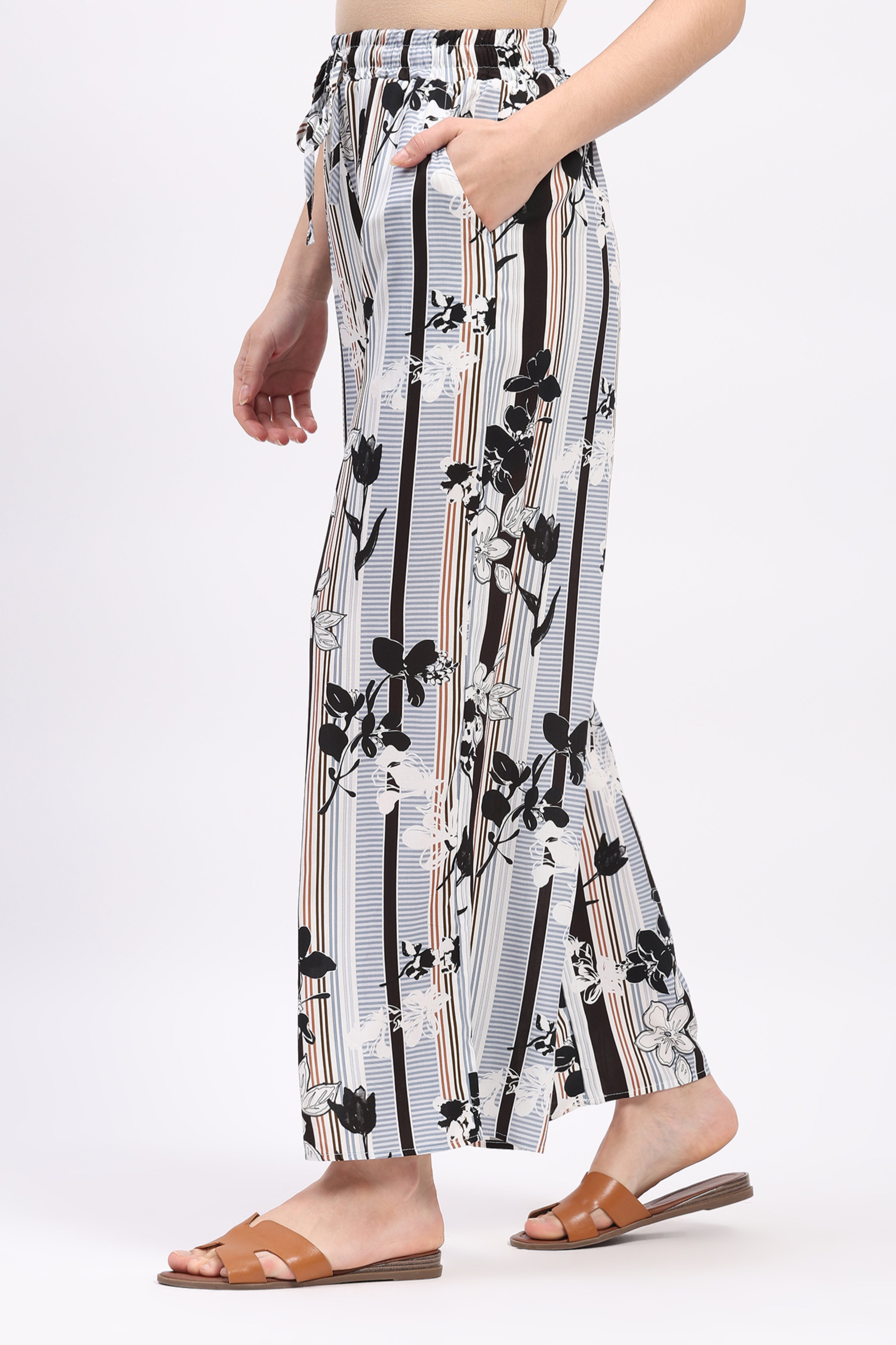 Multicolor Floral Striped Rayon Lower