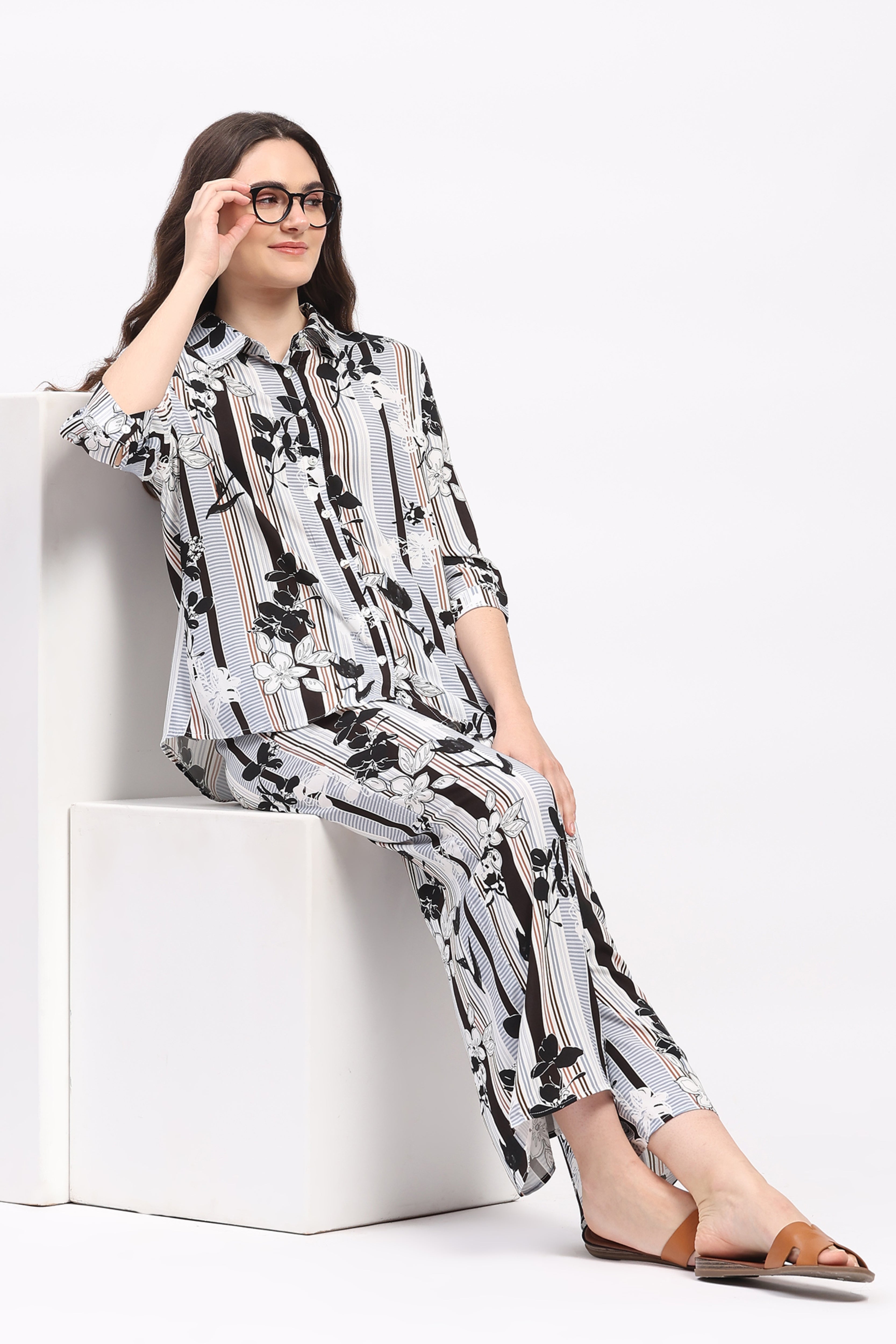 Multi Floral & Striped Print Rayon Co-ord Set