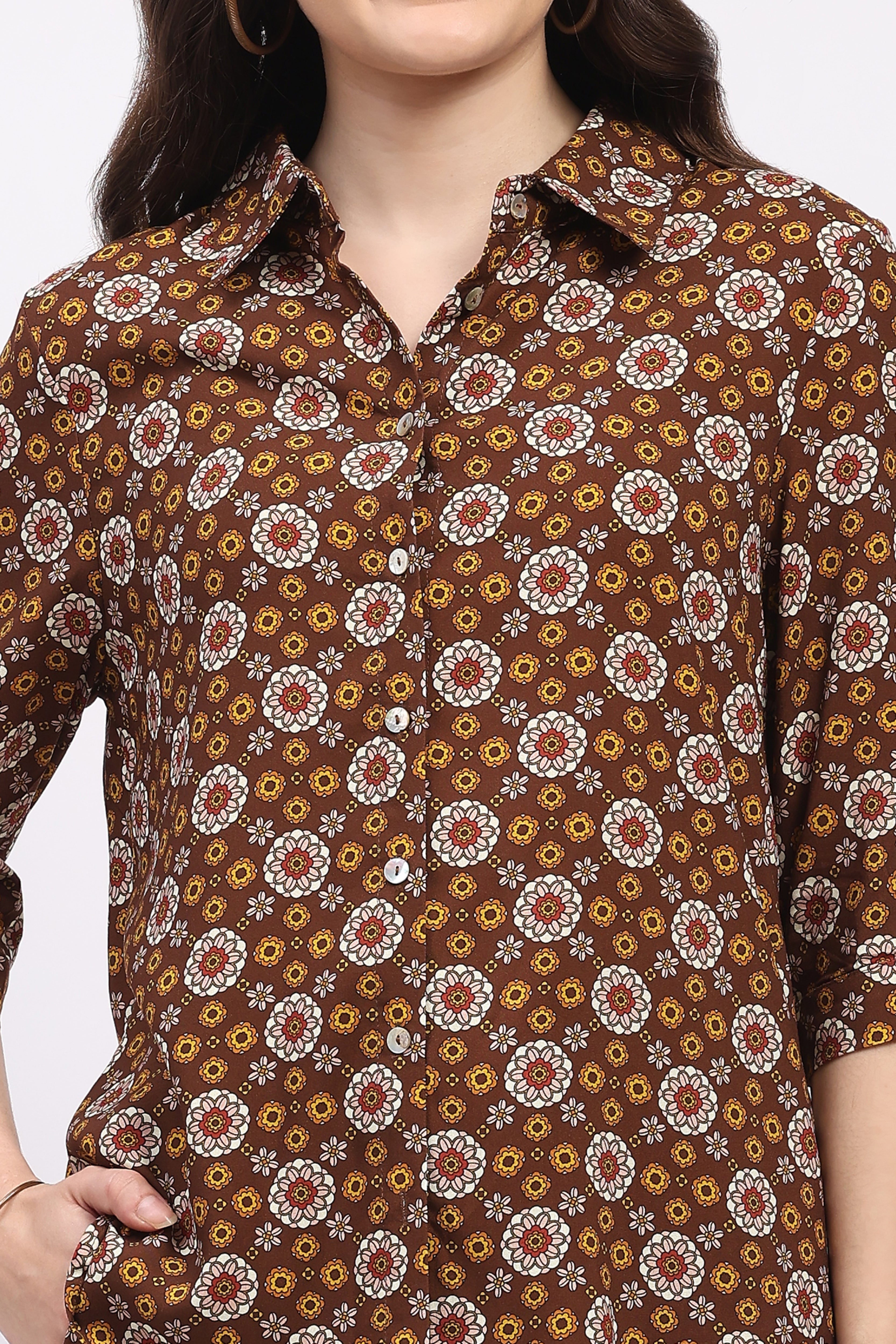 Brown Floral Print Cotton Shirt