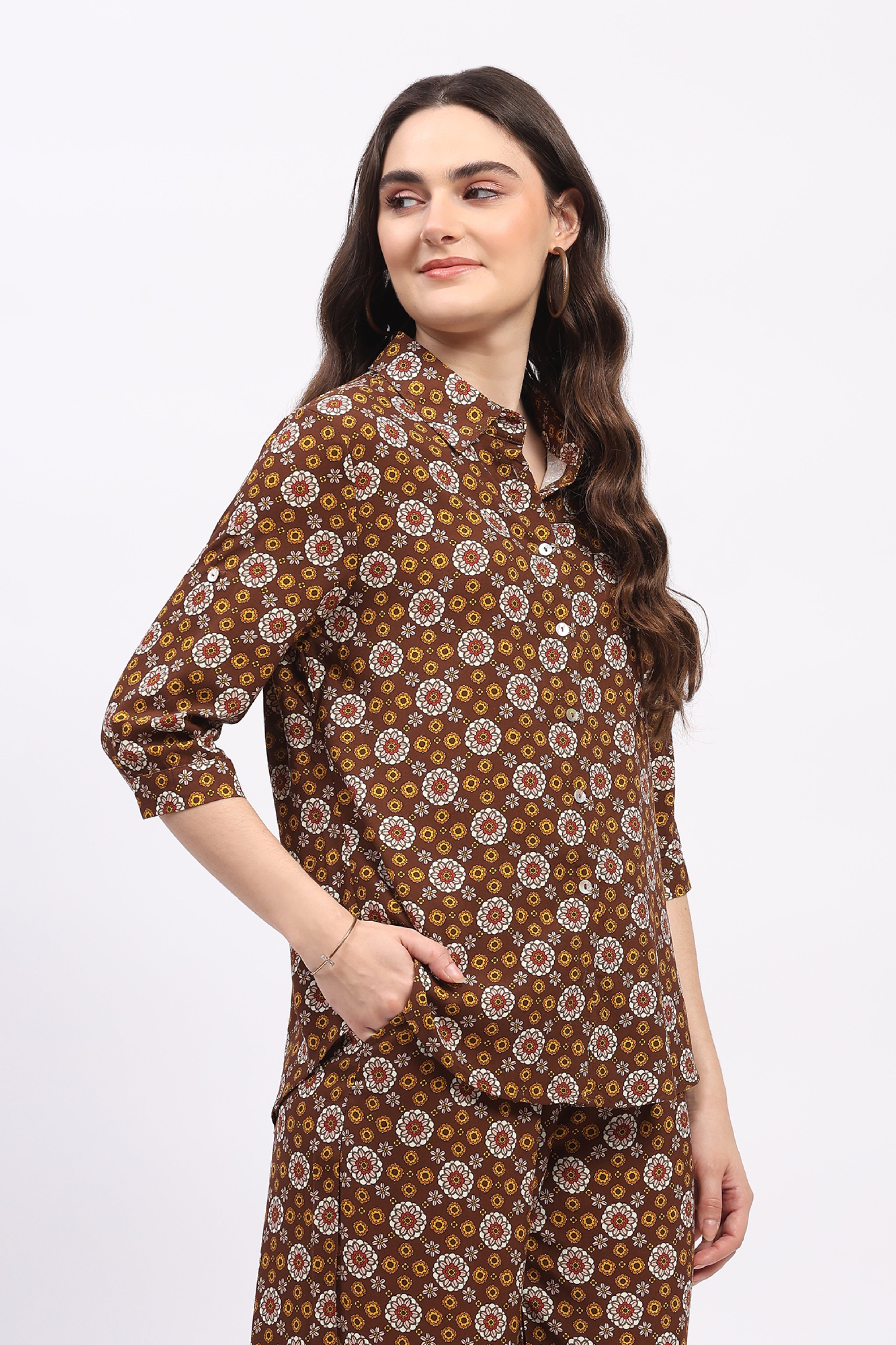 Brown Floral Print Cotton Co-ord Set