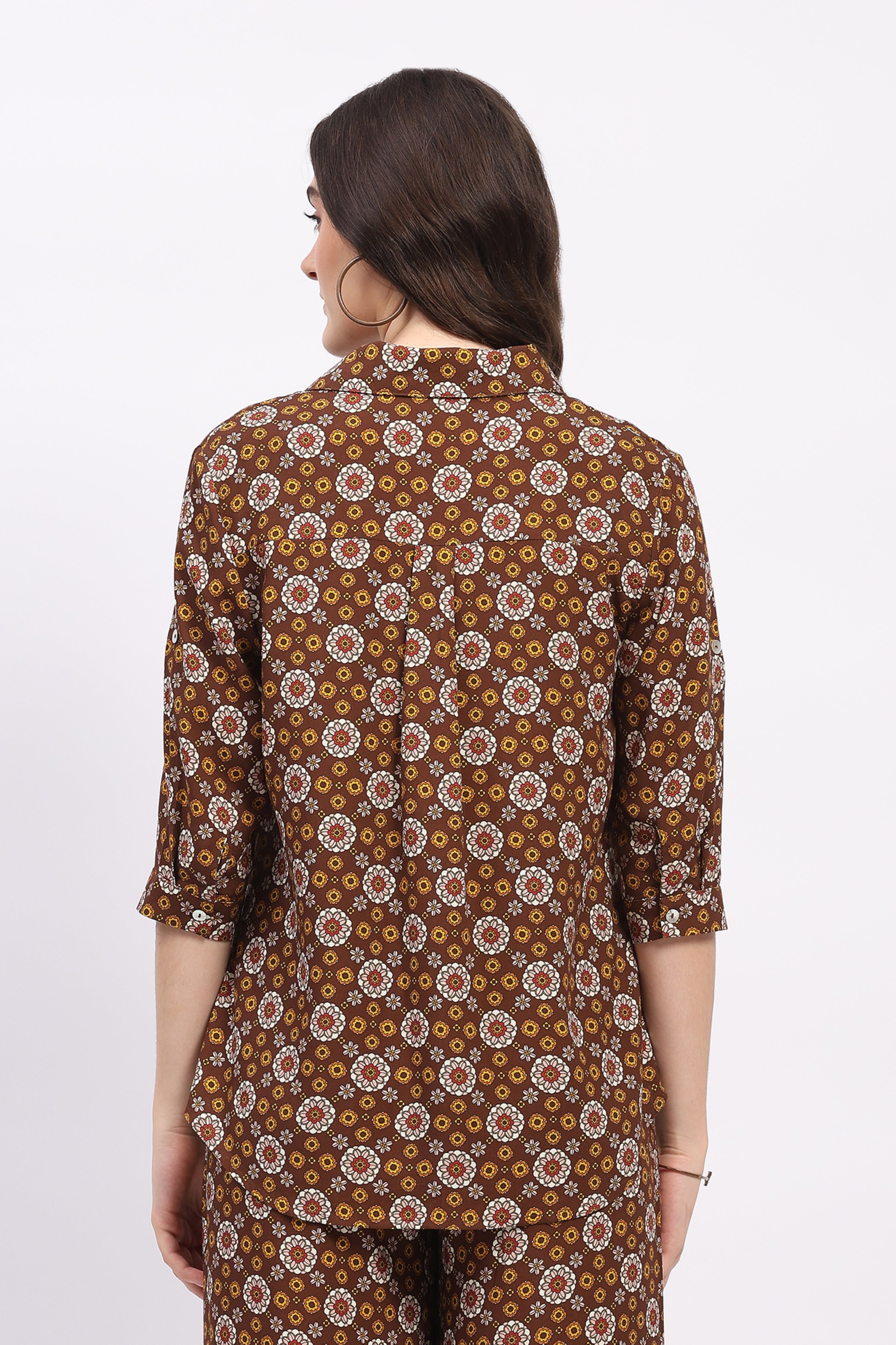 Brown Floral Print Cotton Shirt