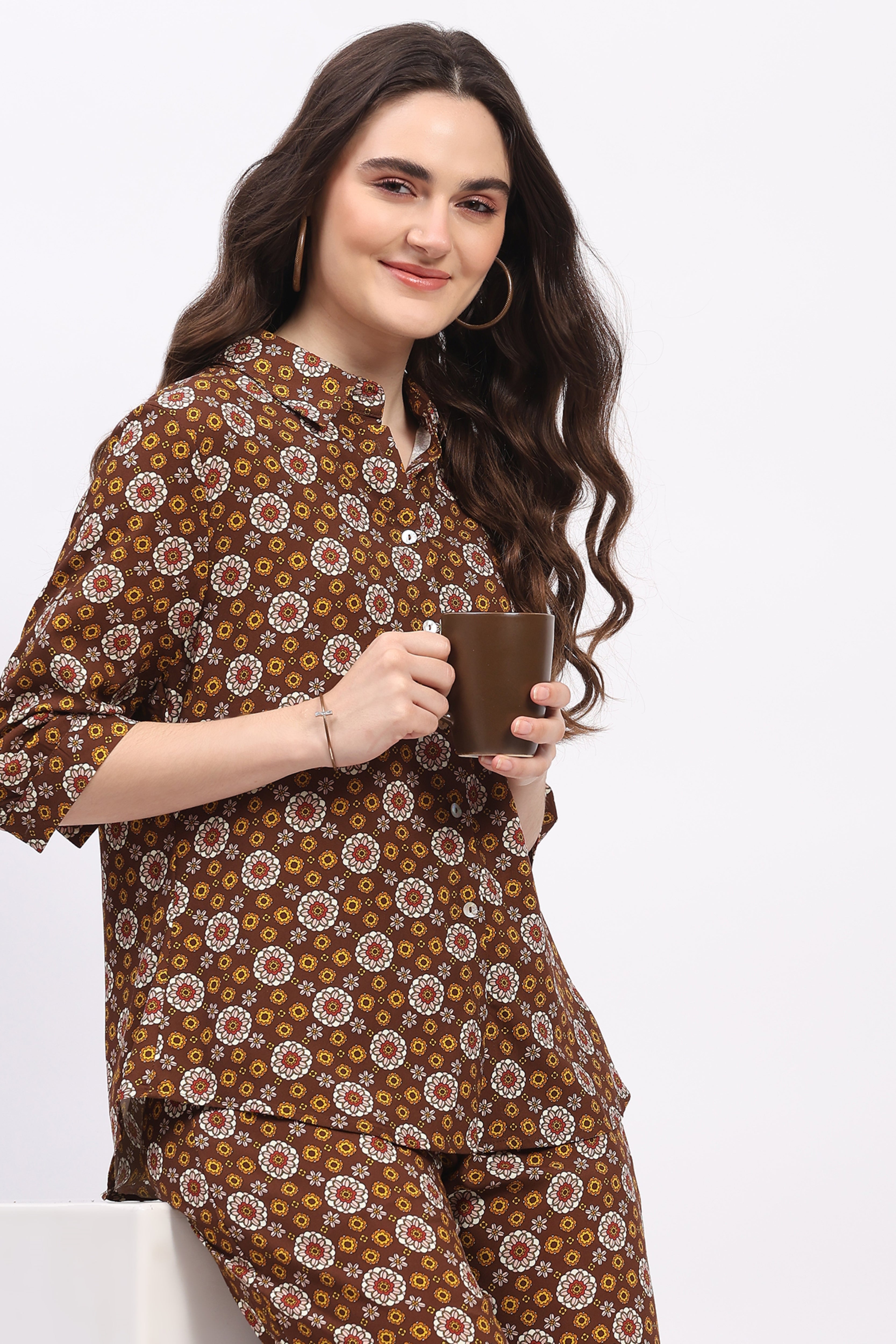 Brown Floral Print Cotton Shirt