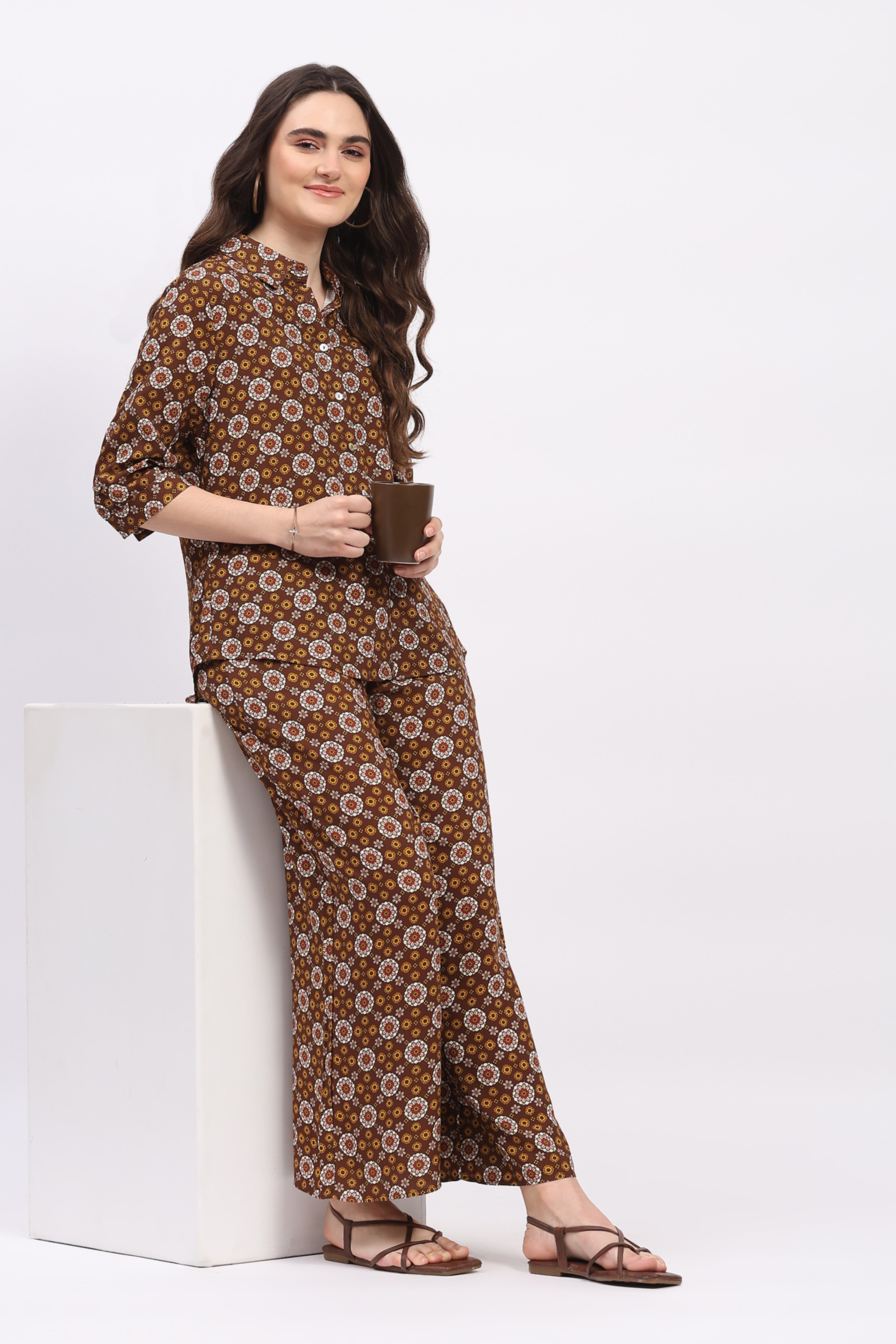 Brown Floral Print Cotton Lower