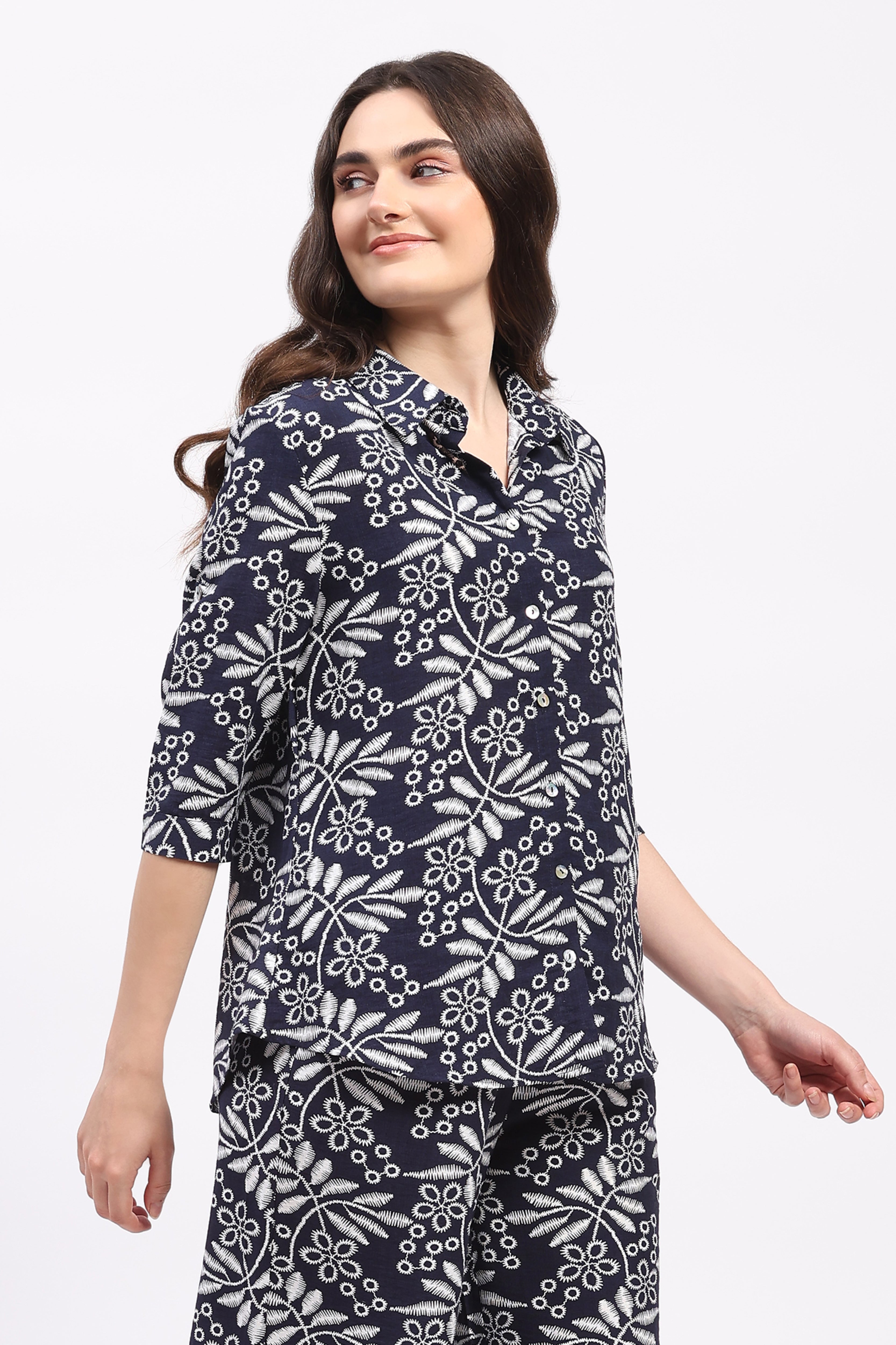 Navy Blue Leaf & Floral Print Rayon Co-ord Set