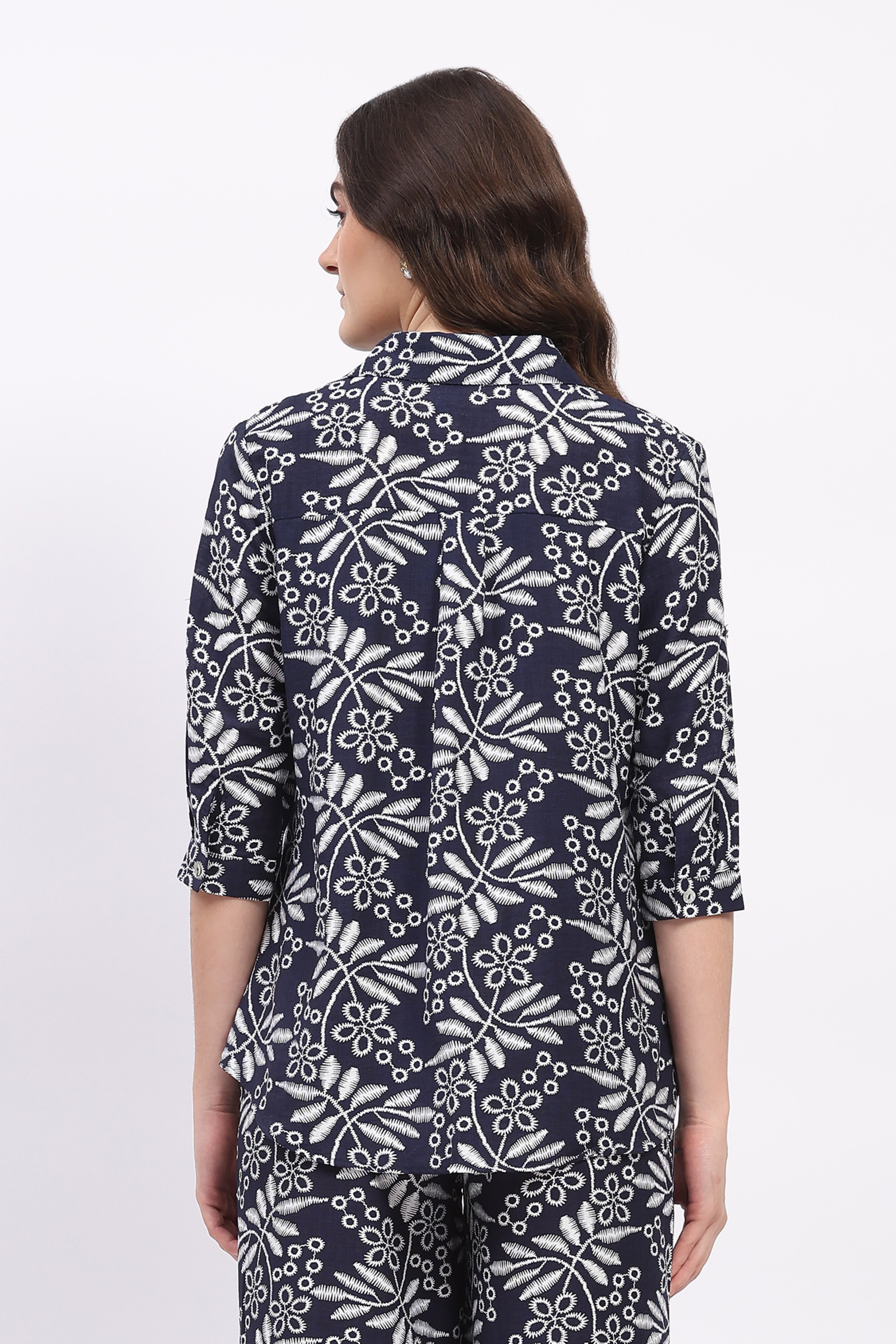 Navy Blue Leaf & Floral Print Rayon Shirt