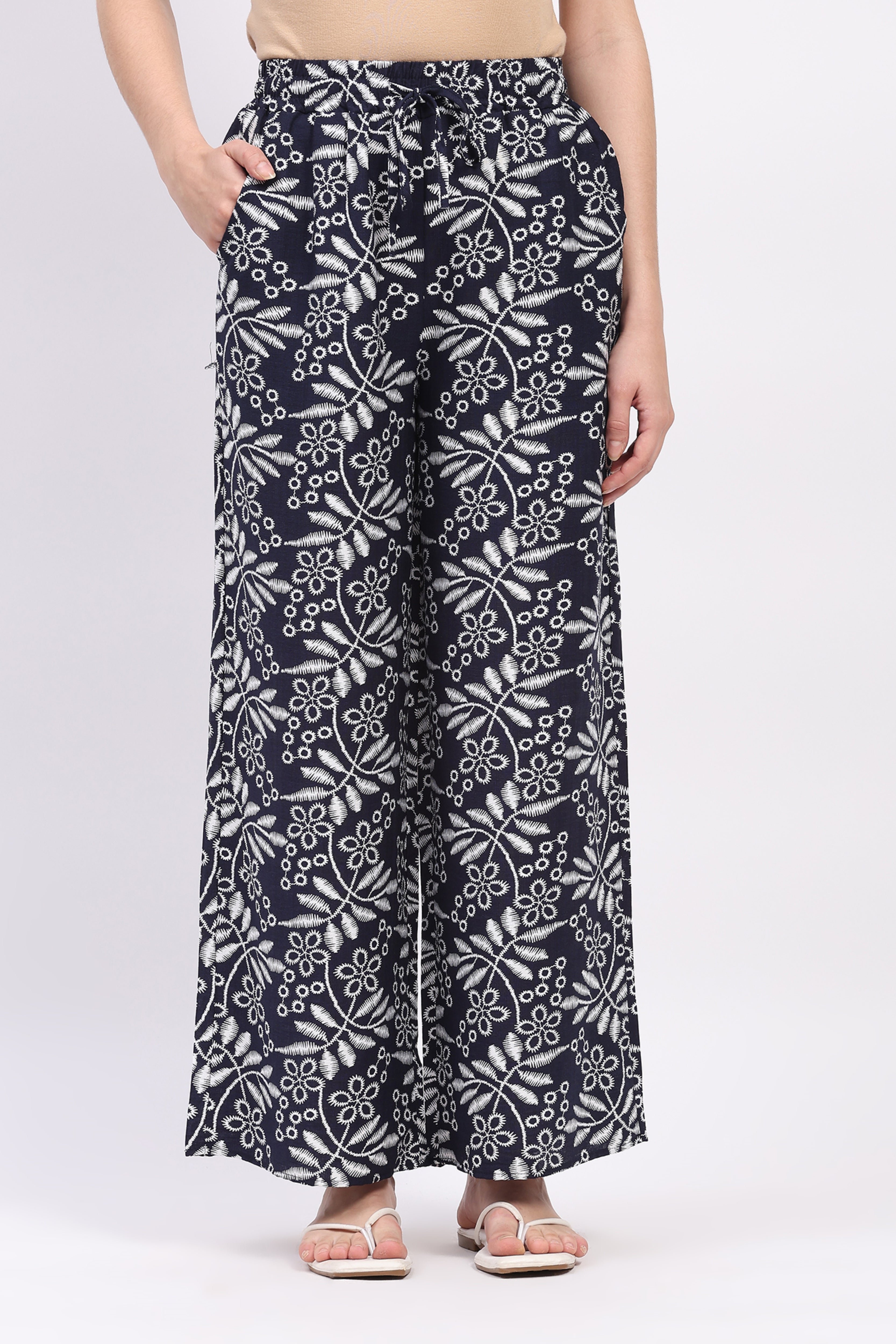 Navy Blue Printed Rayon Lower