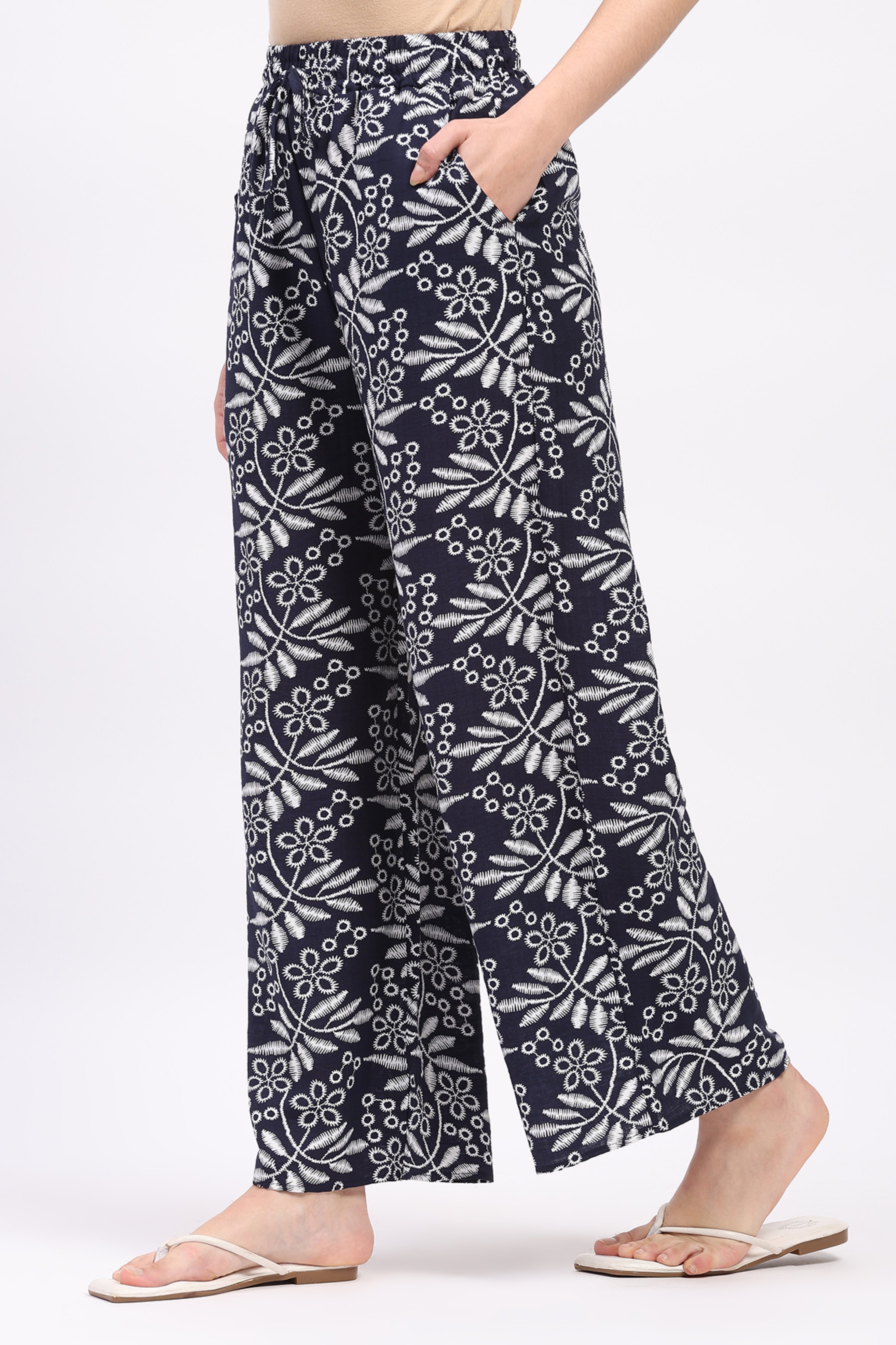 Navy Blue Printed Rayon Lower