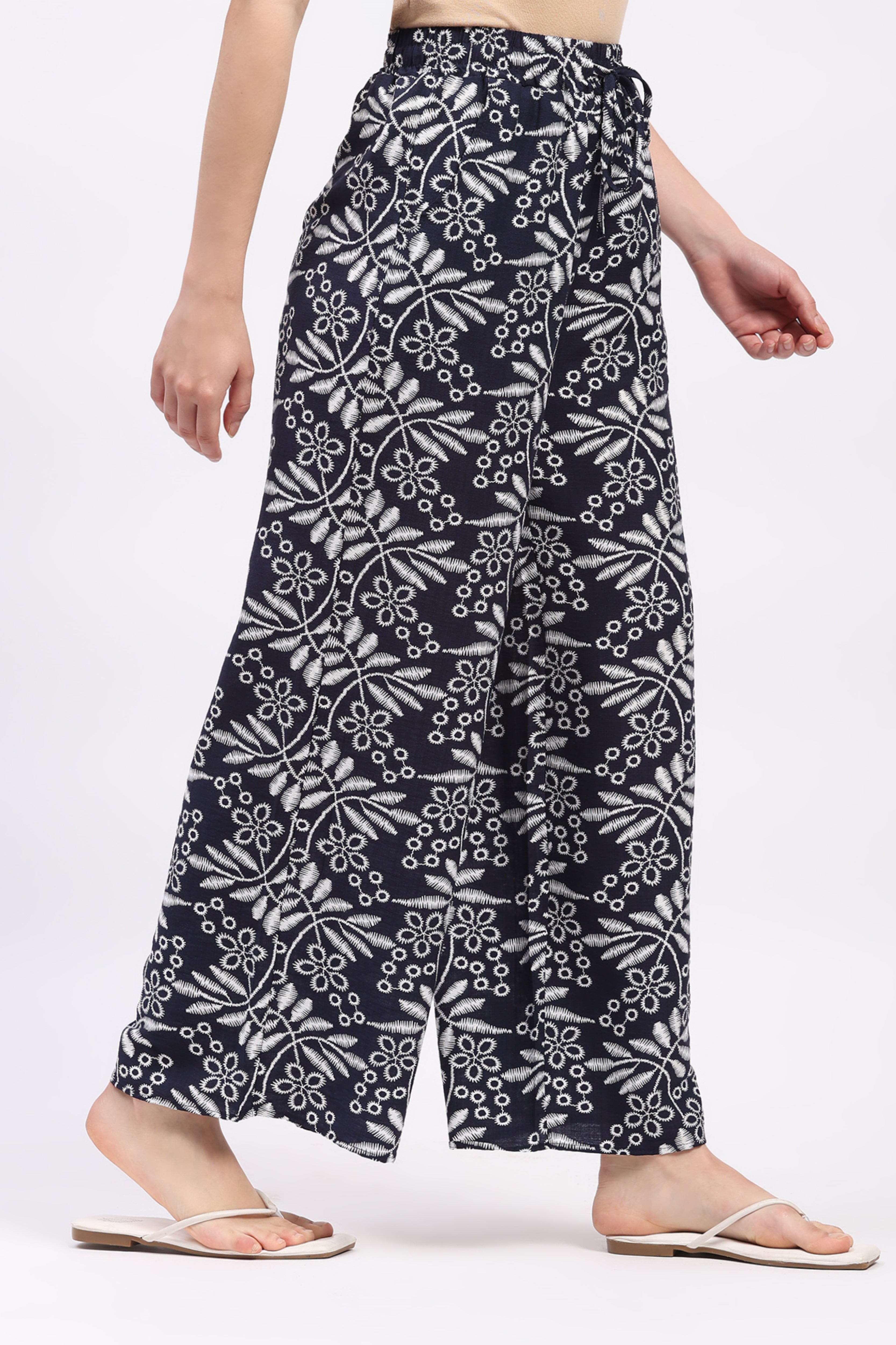 Navy Blue Leaf & Floral Print Rayon Co-ord Set