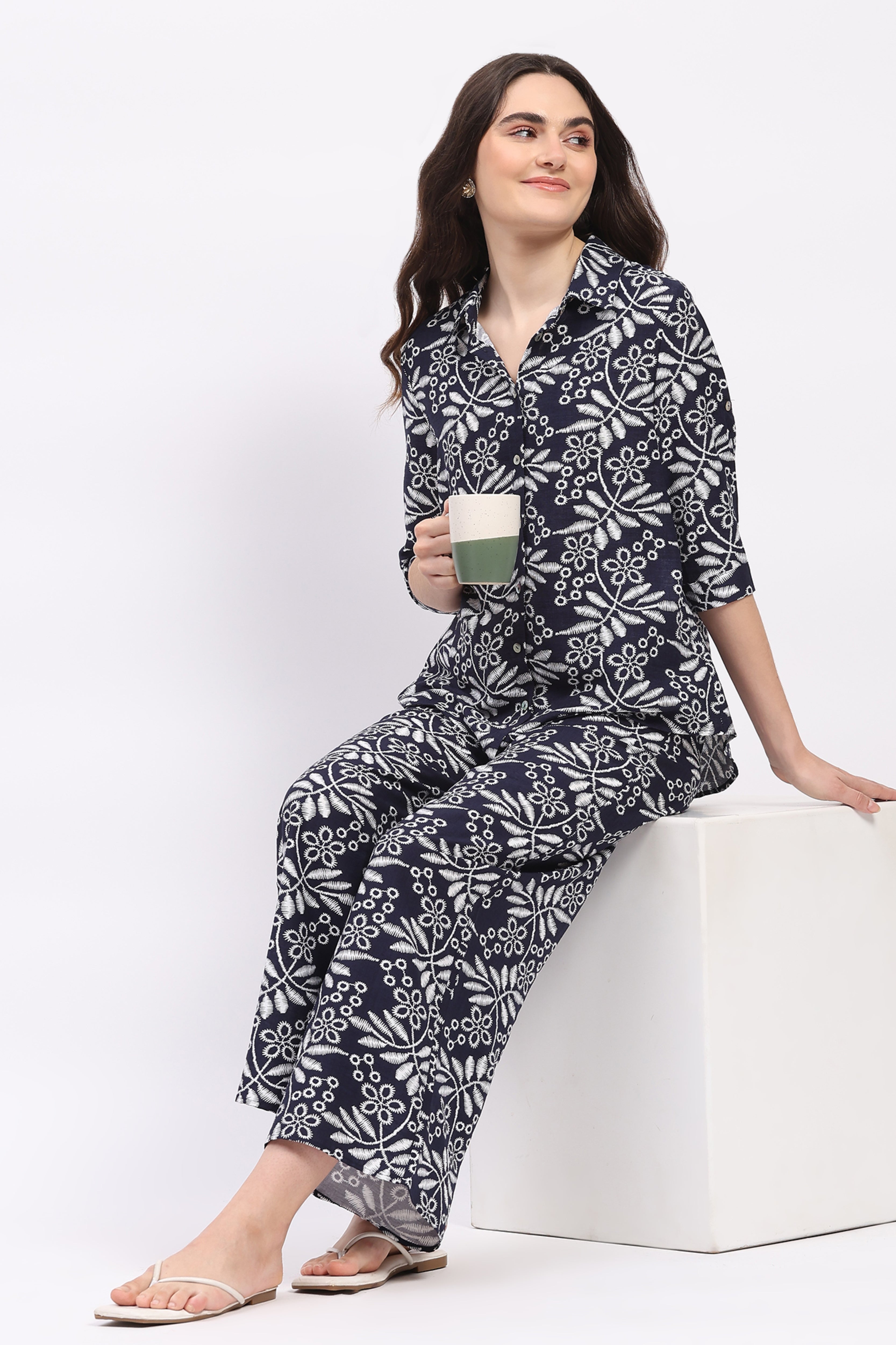 Navy Blue Printed Rayon Lower