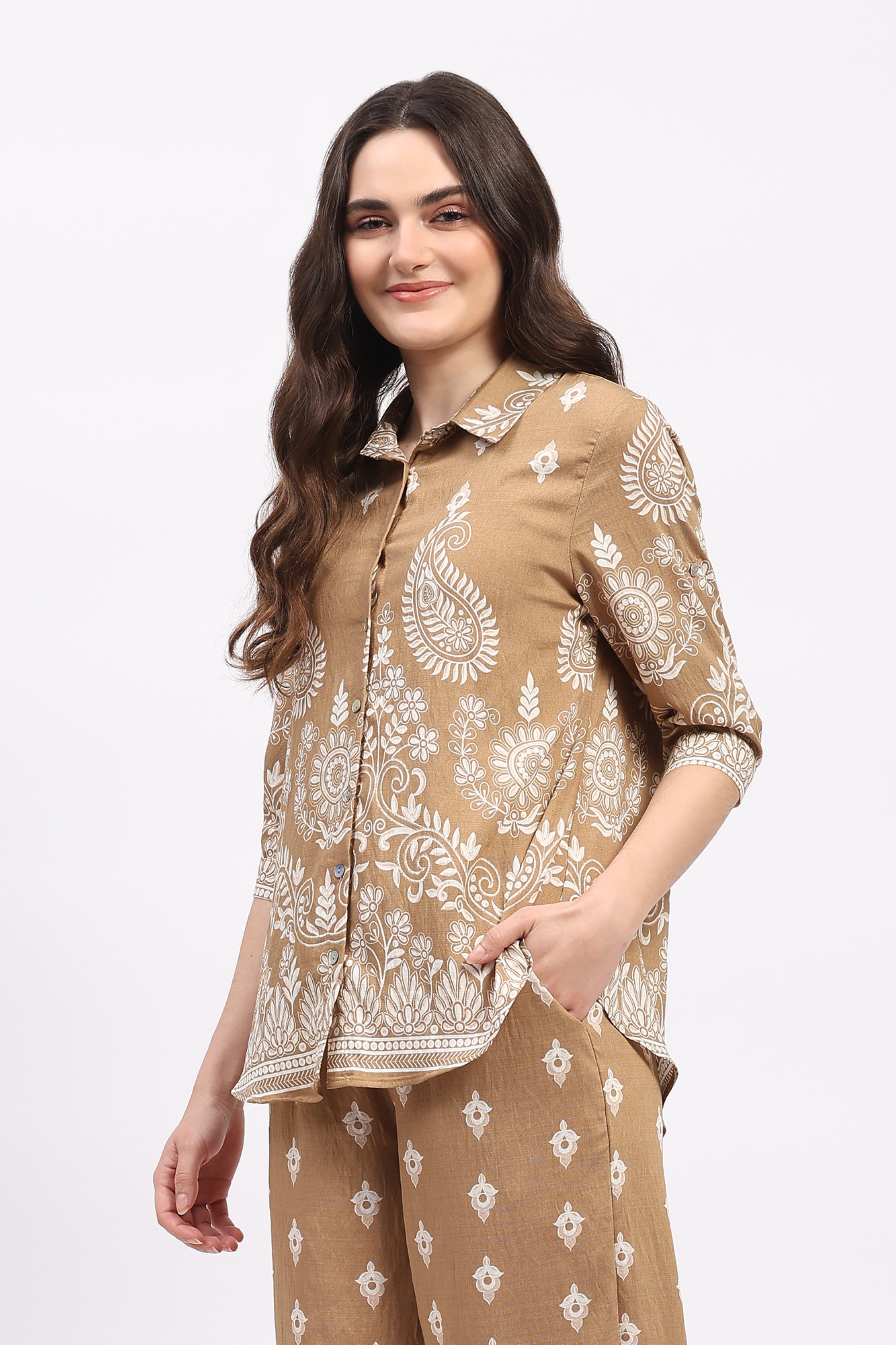 Beige Floral Paisley Print Rayon Co-ord Set