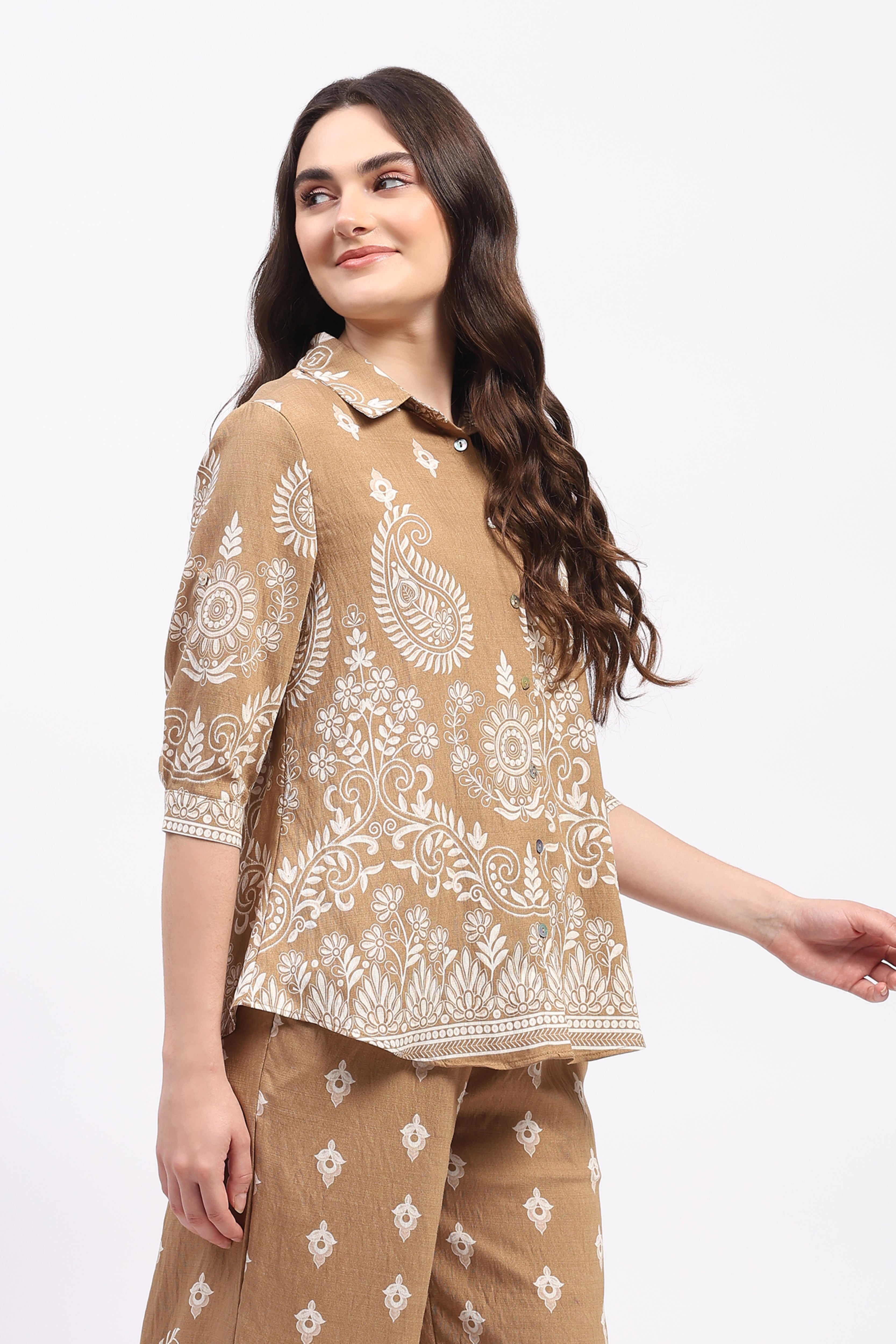 Beige Floral Paisley Print Rayon Co-ord Set
