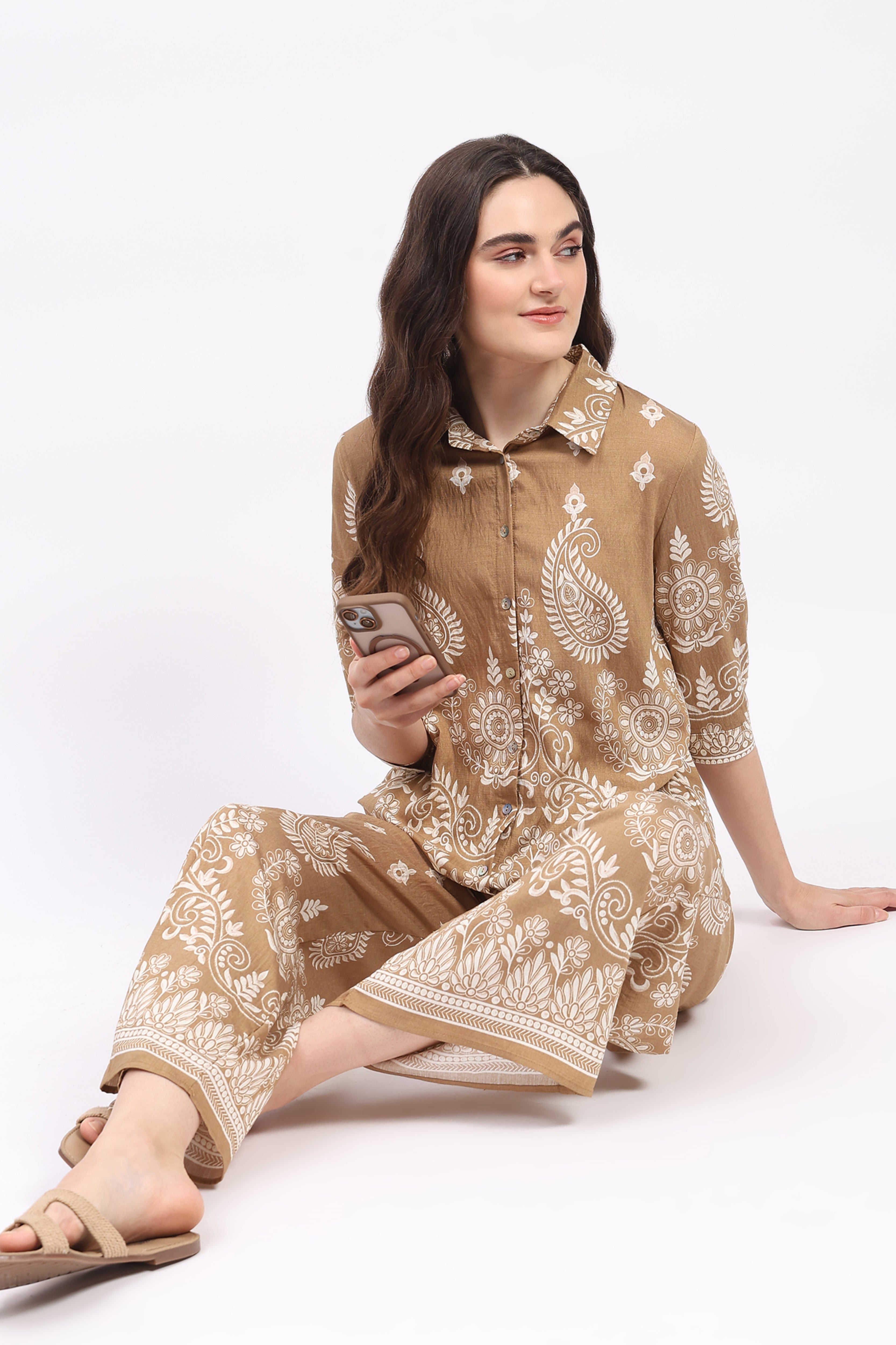 Beige Floral Paisley Print Rayon Co-ord Set