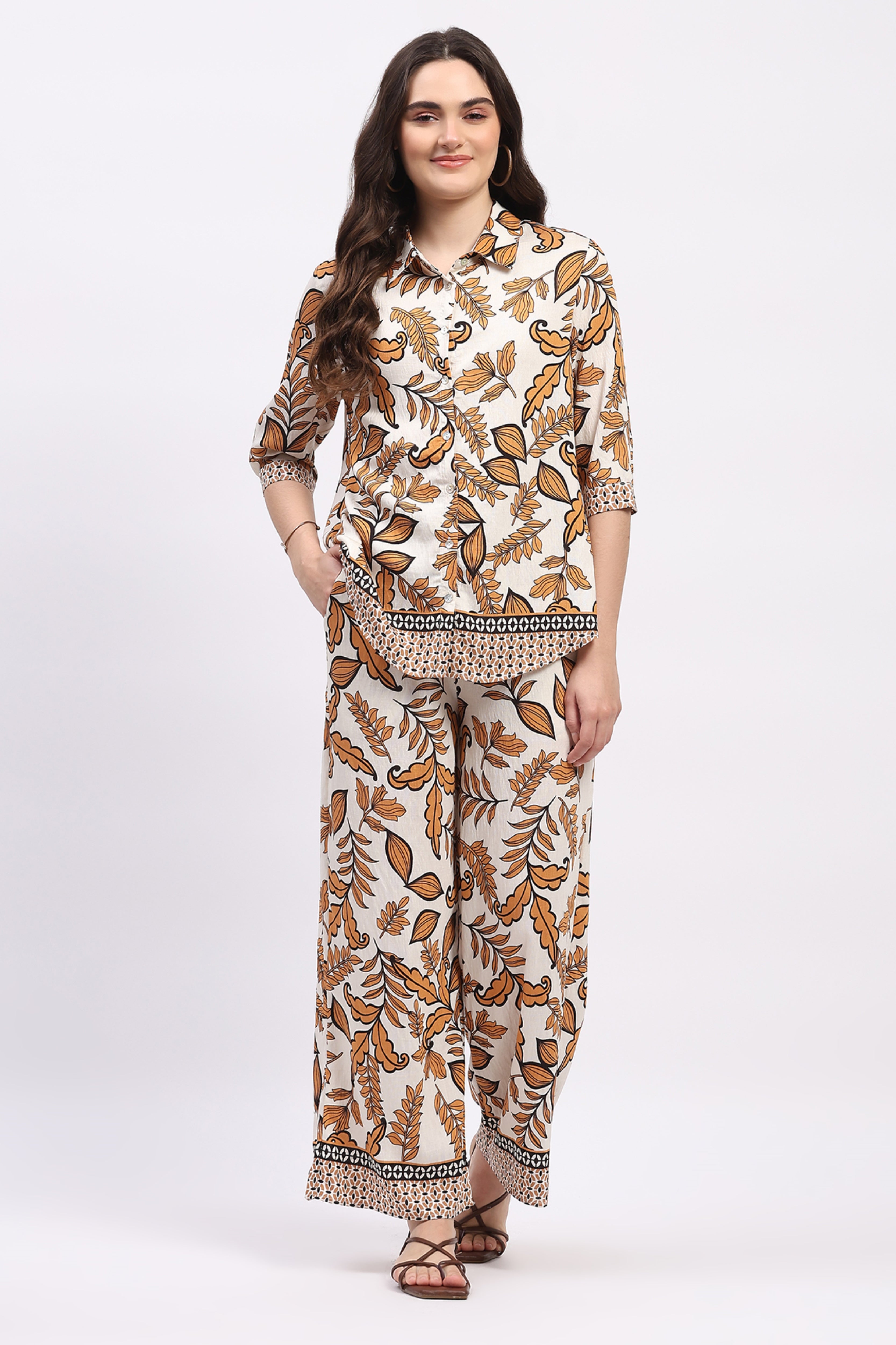 Orange Floral Print Rayon Co-ord Set