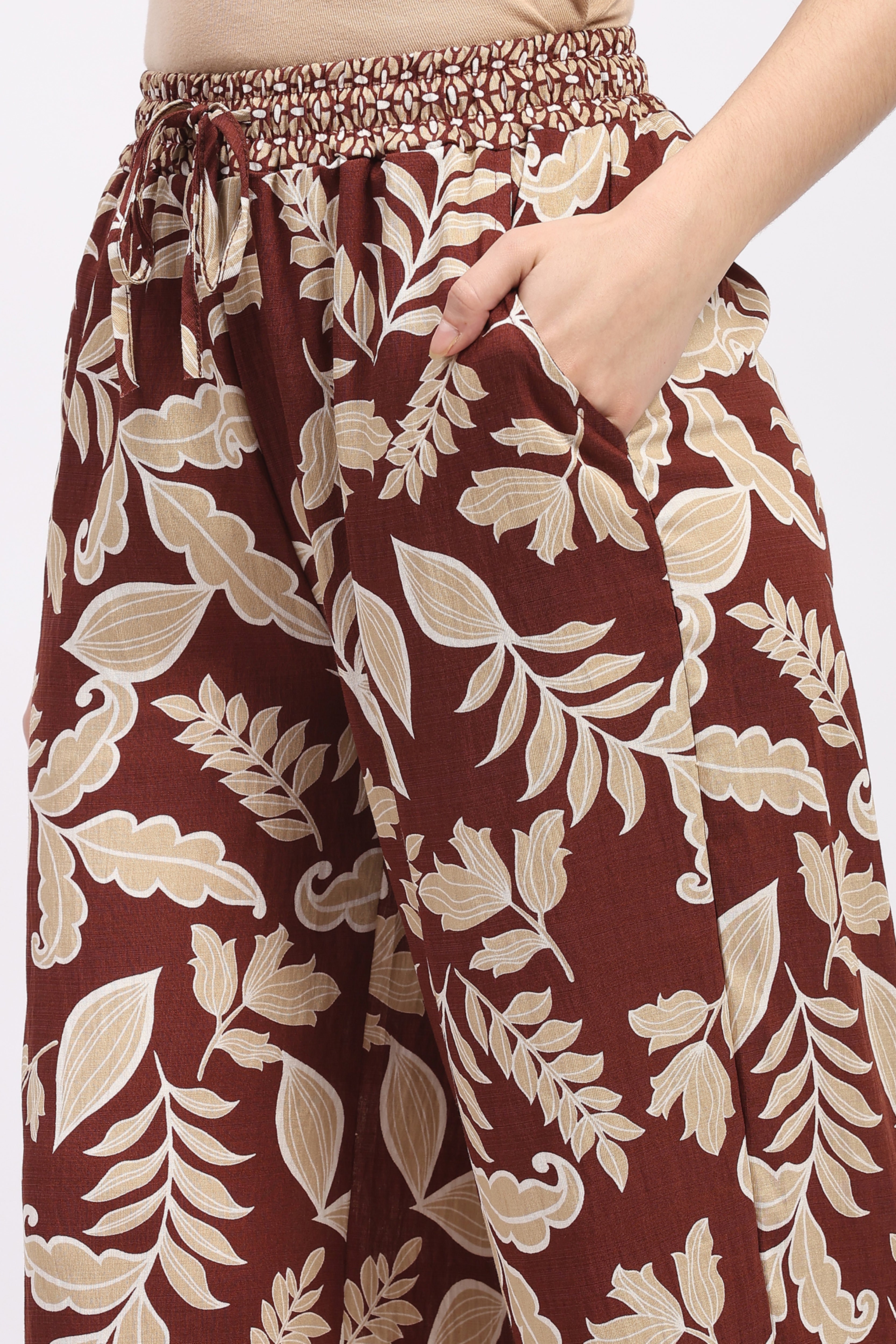 Mocha Leaf & Floral Print Rayon Co-ord Set
