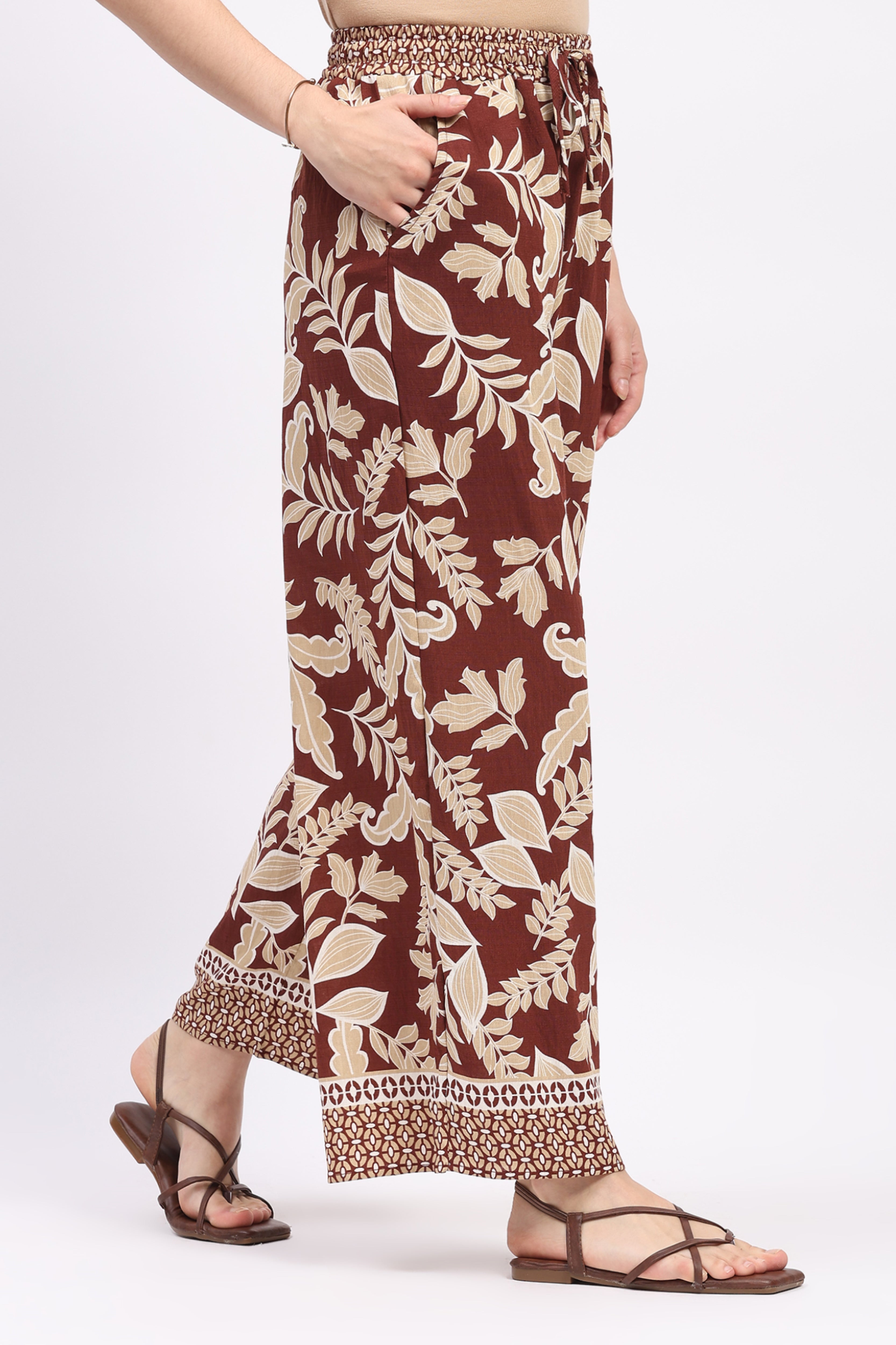 Mocha Leaf & Floral Print Rayon Co-ord Set