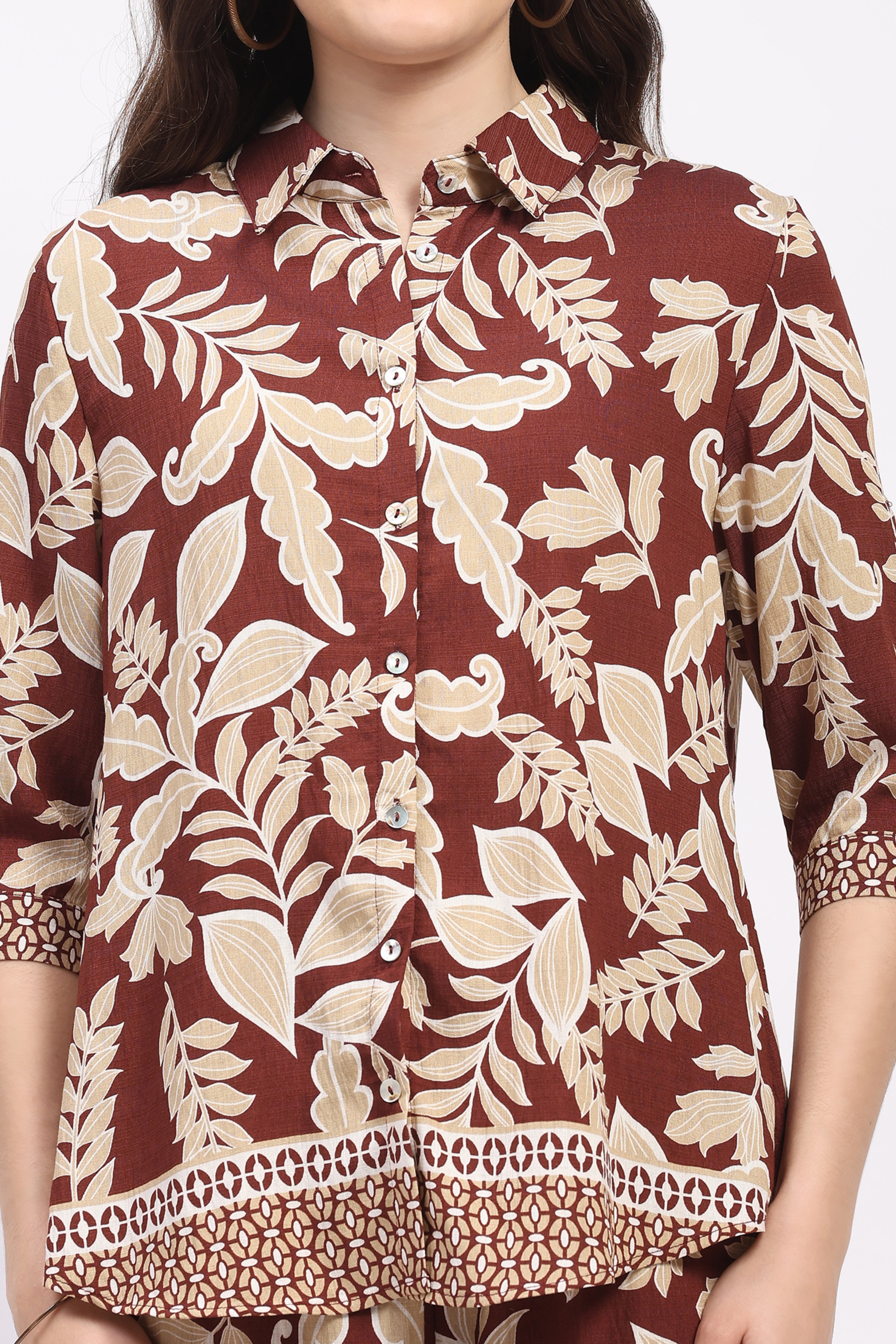 Mocha Leaf & Floral Print Rayon Shirt