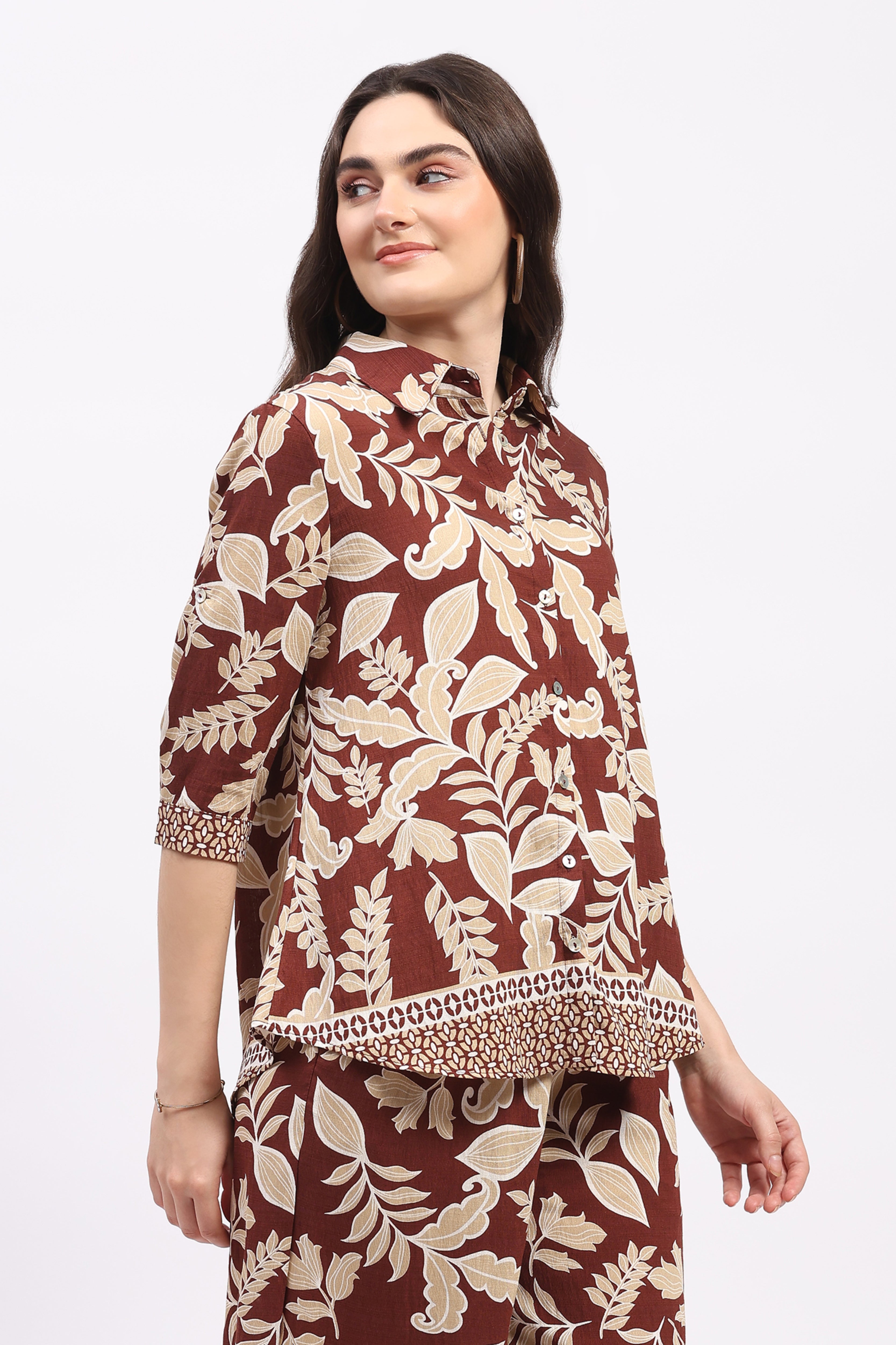 Mocha Leaf & Floral Print Rayon Shirt