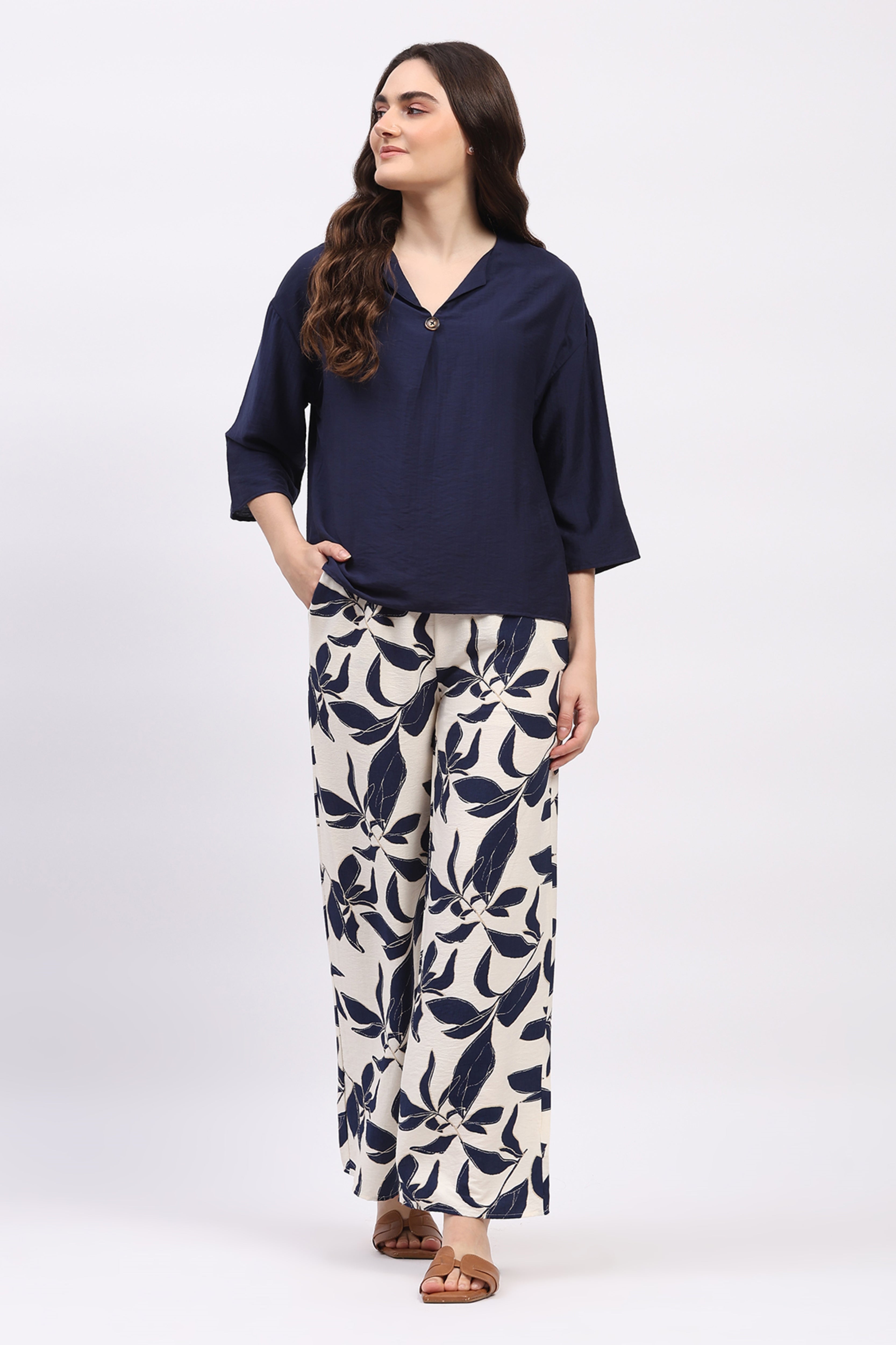 Navy Solid Top & Floral Print Lower Set