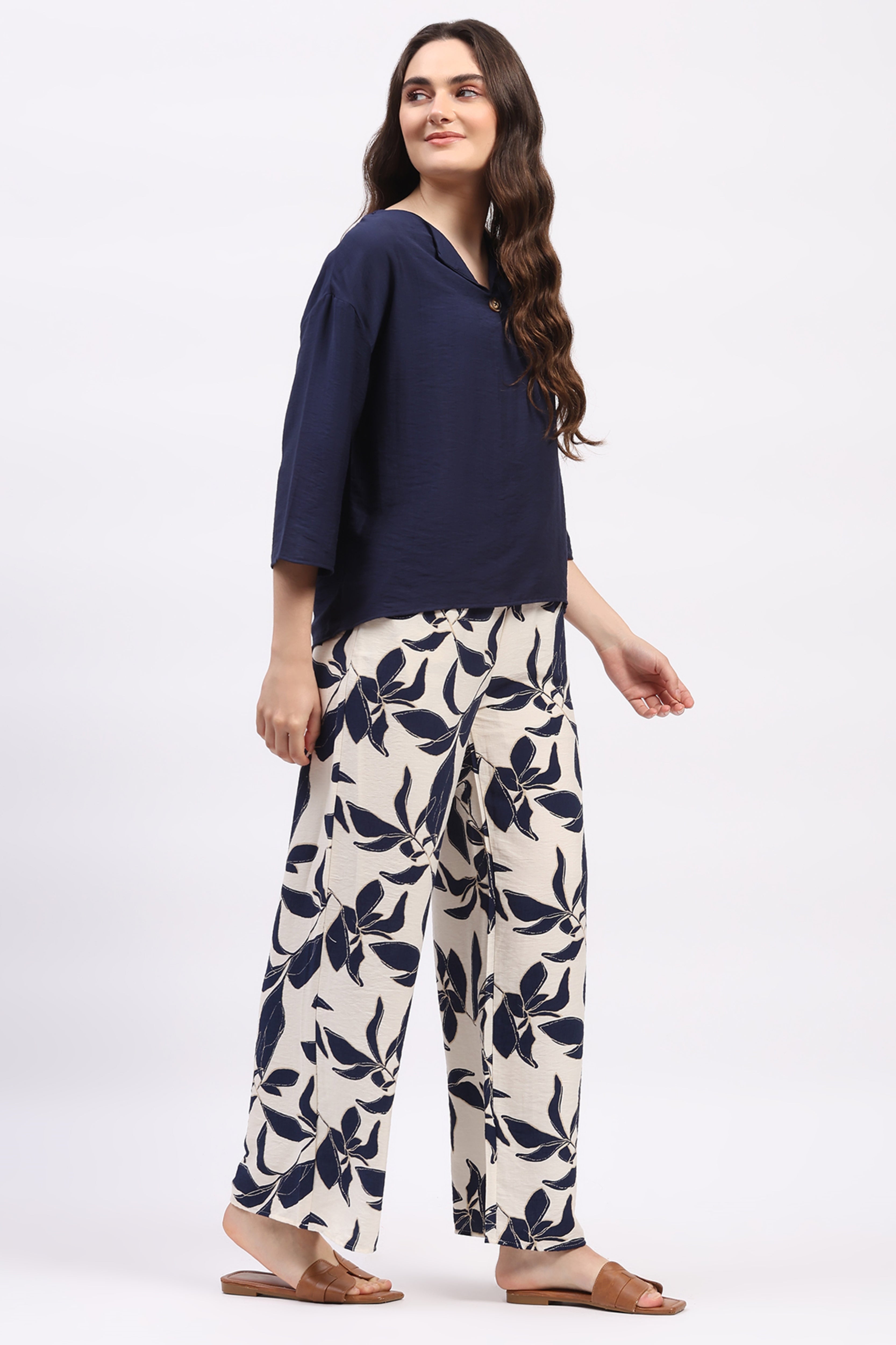 Navy Solid Top & Floral Print Lower Set