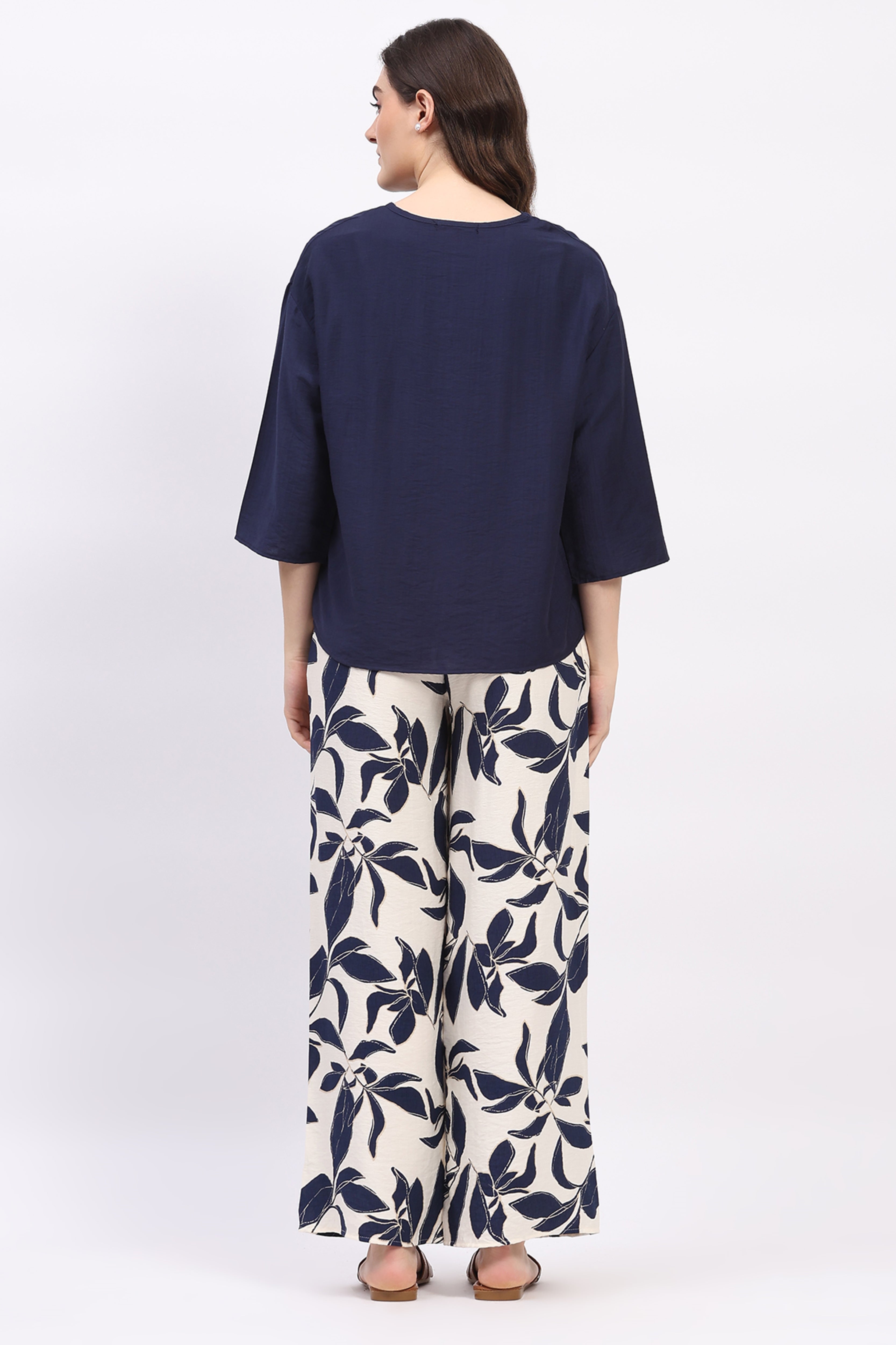 Navy Solid Top & Floral Print Lower Set