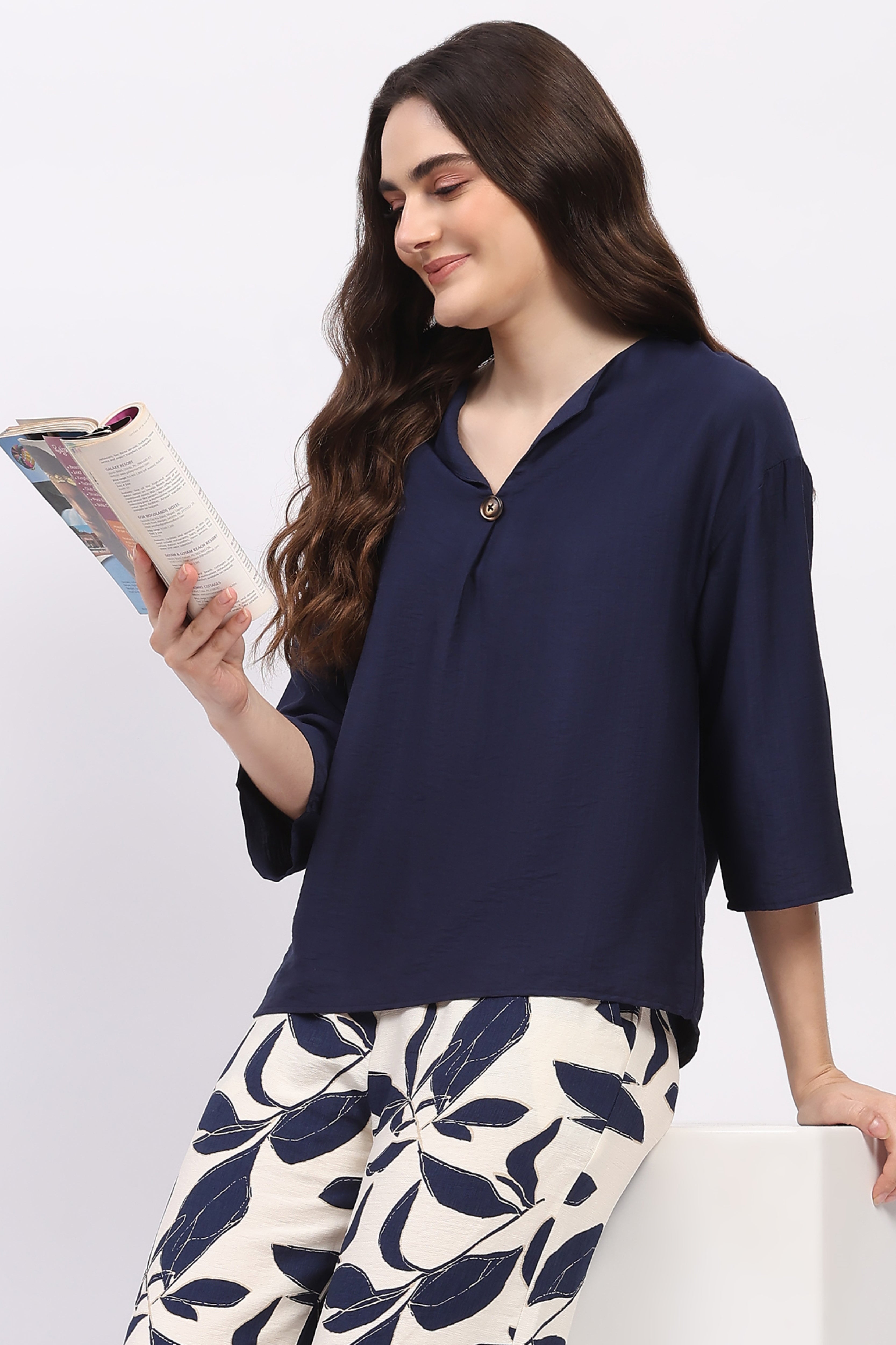 Navy Solid Top & Floral Print Lower Set