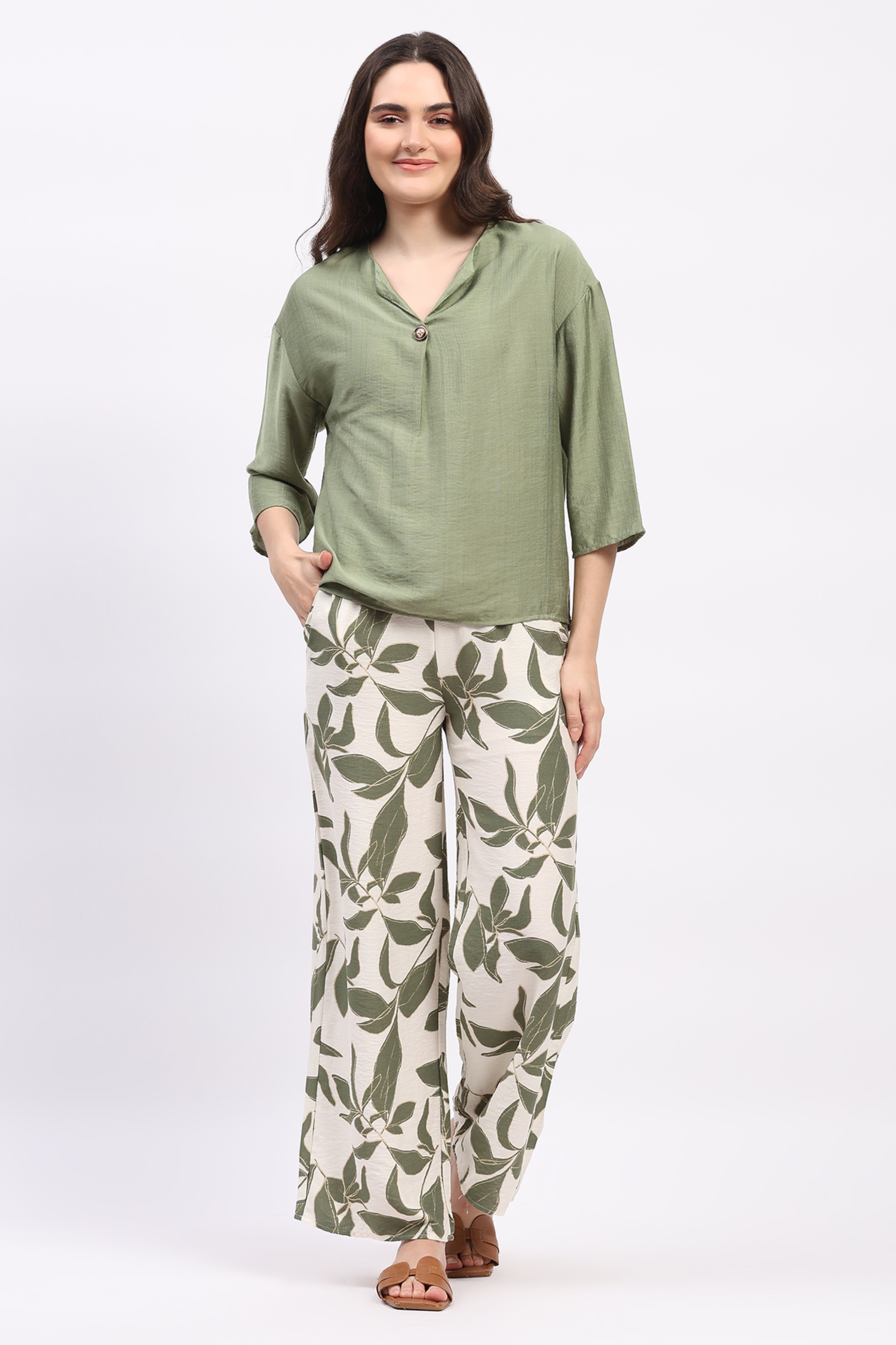 Green Solid Top & Floral Print Lower Set