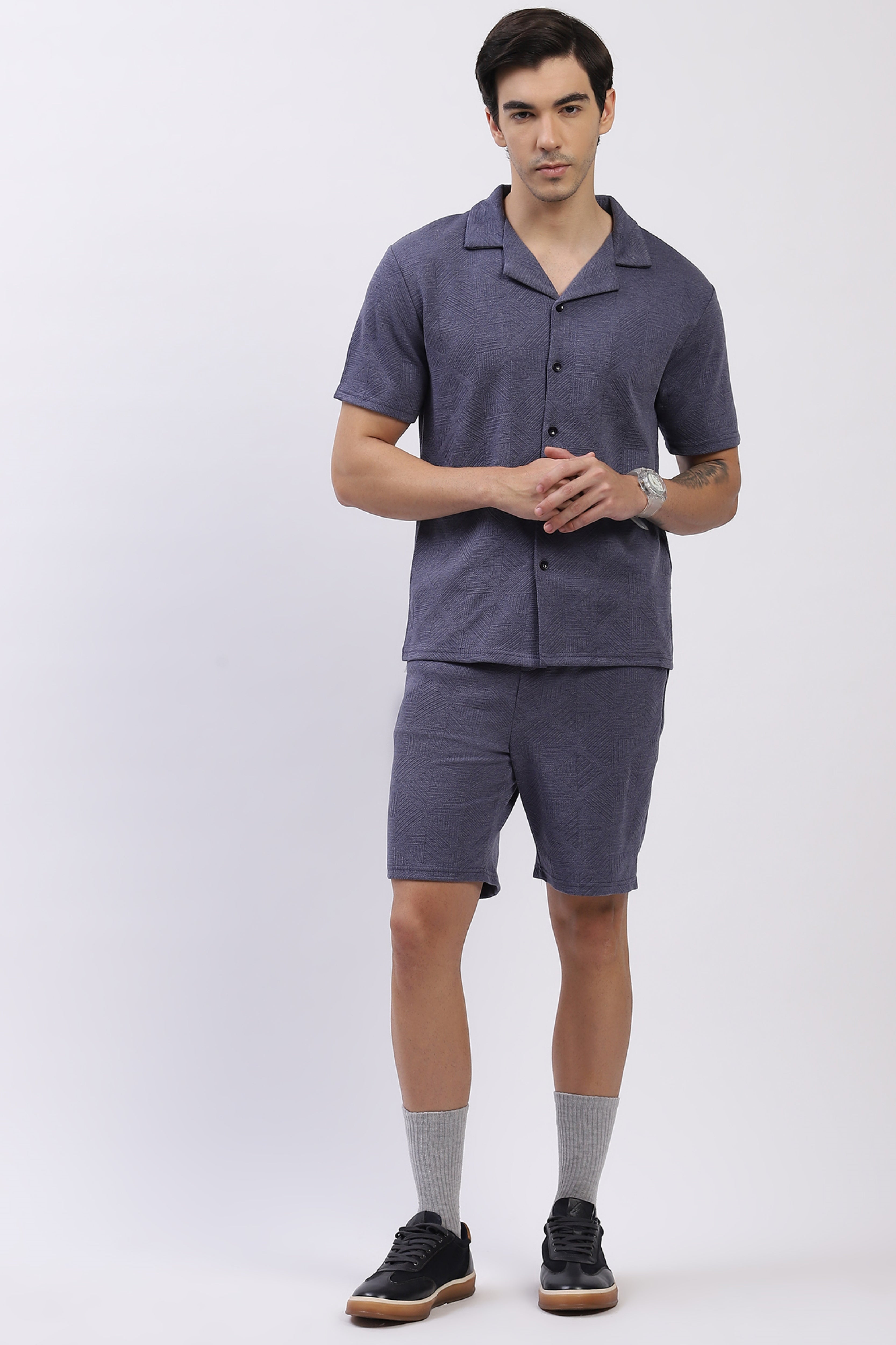 Blue Self-Design Shirt & Shorts Set