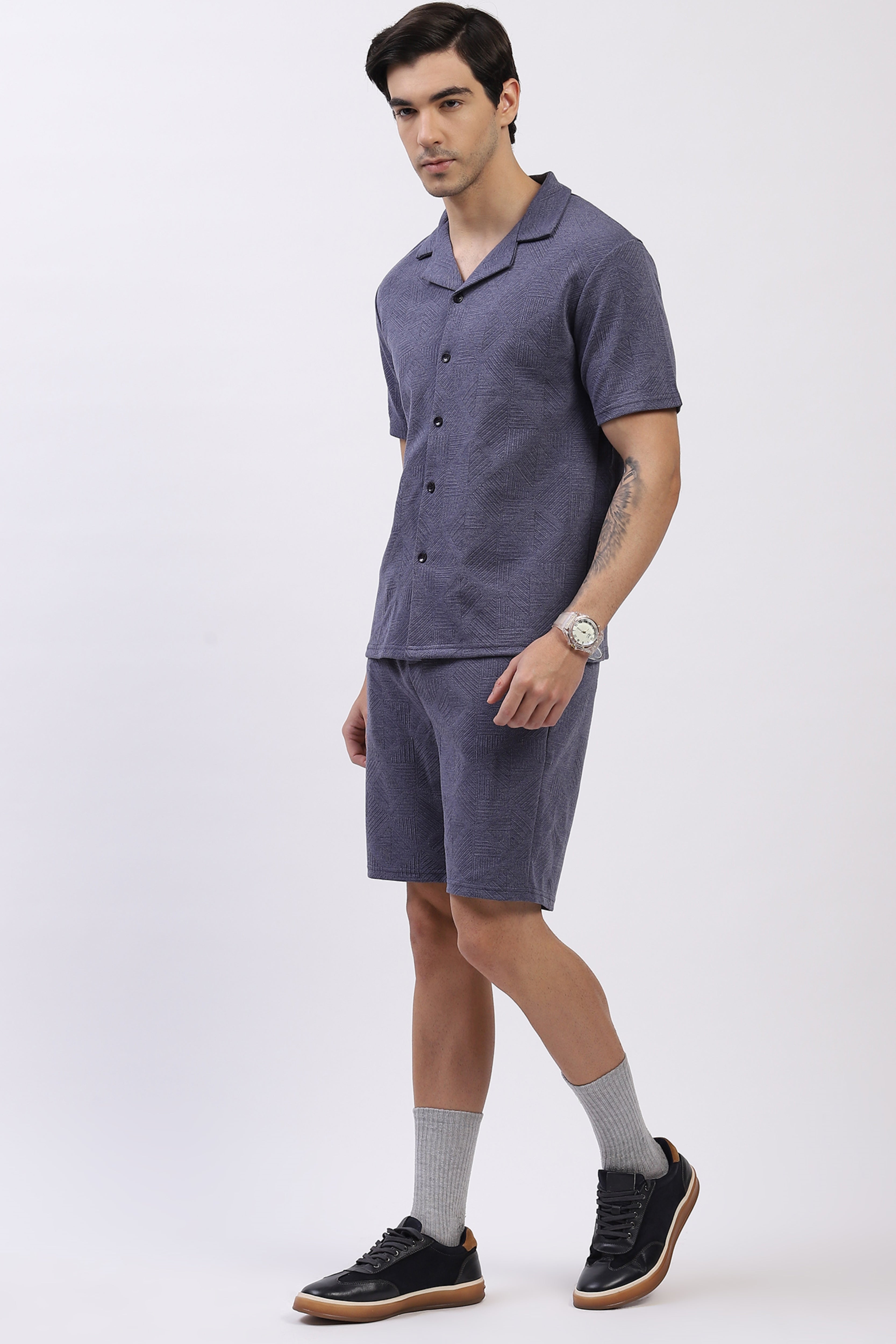 Blue Self-Design Shirt & Shorts Set
