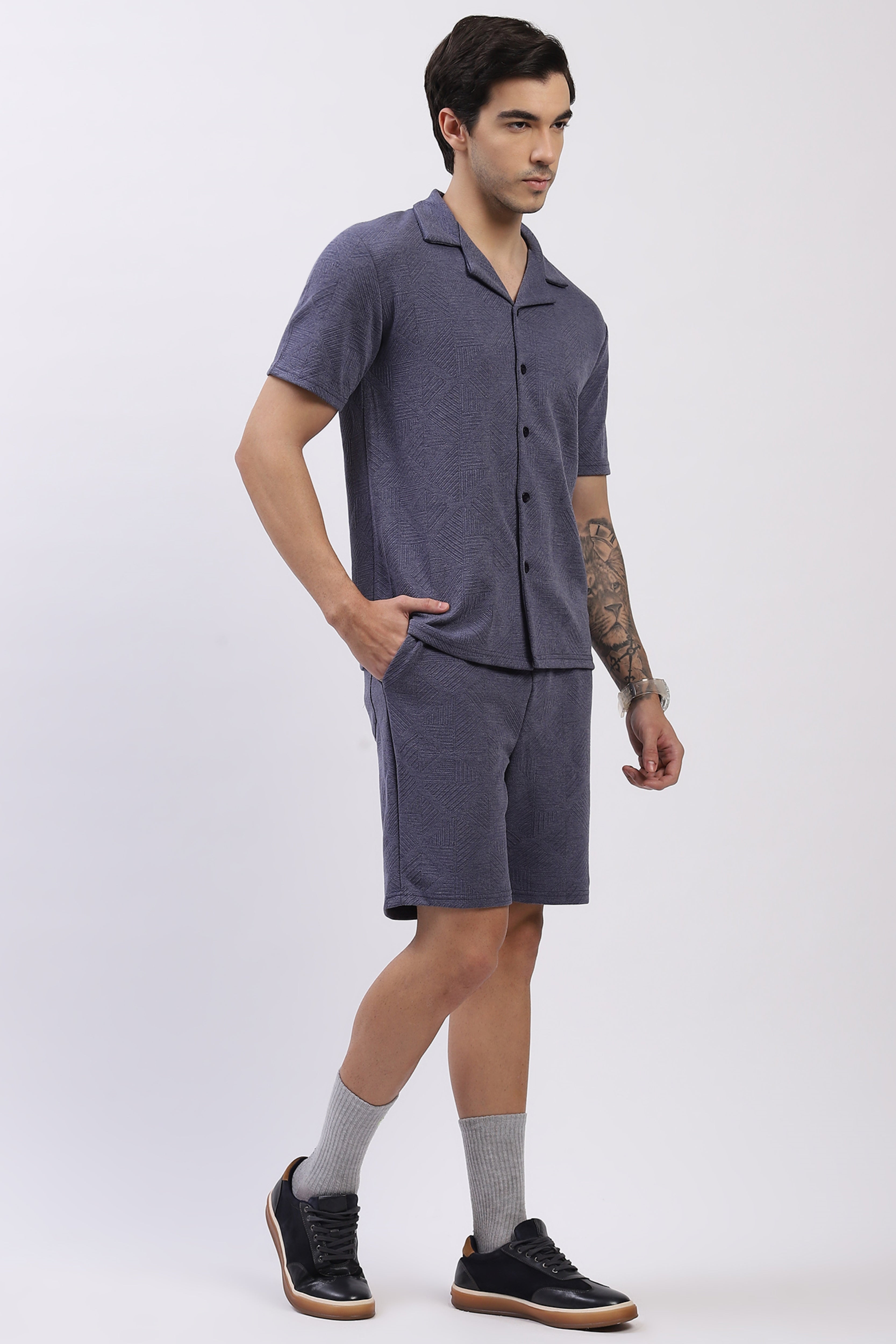 Blue Self-Design Shirt & Shorts Set