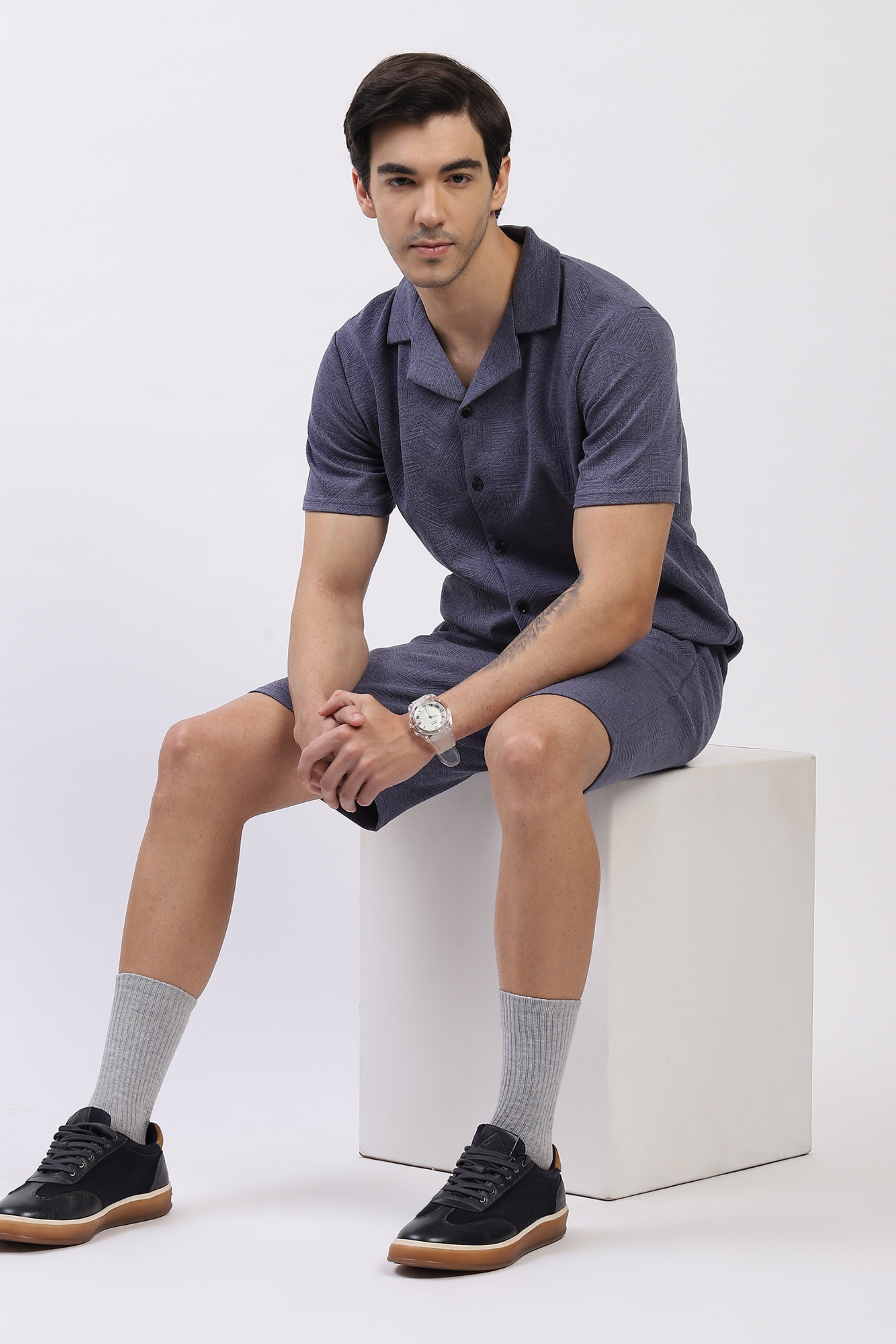 Blue Self-Design Shirt & Shorts Set
