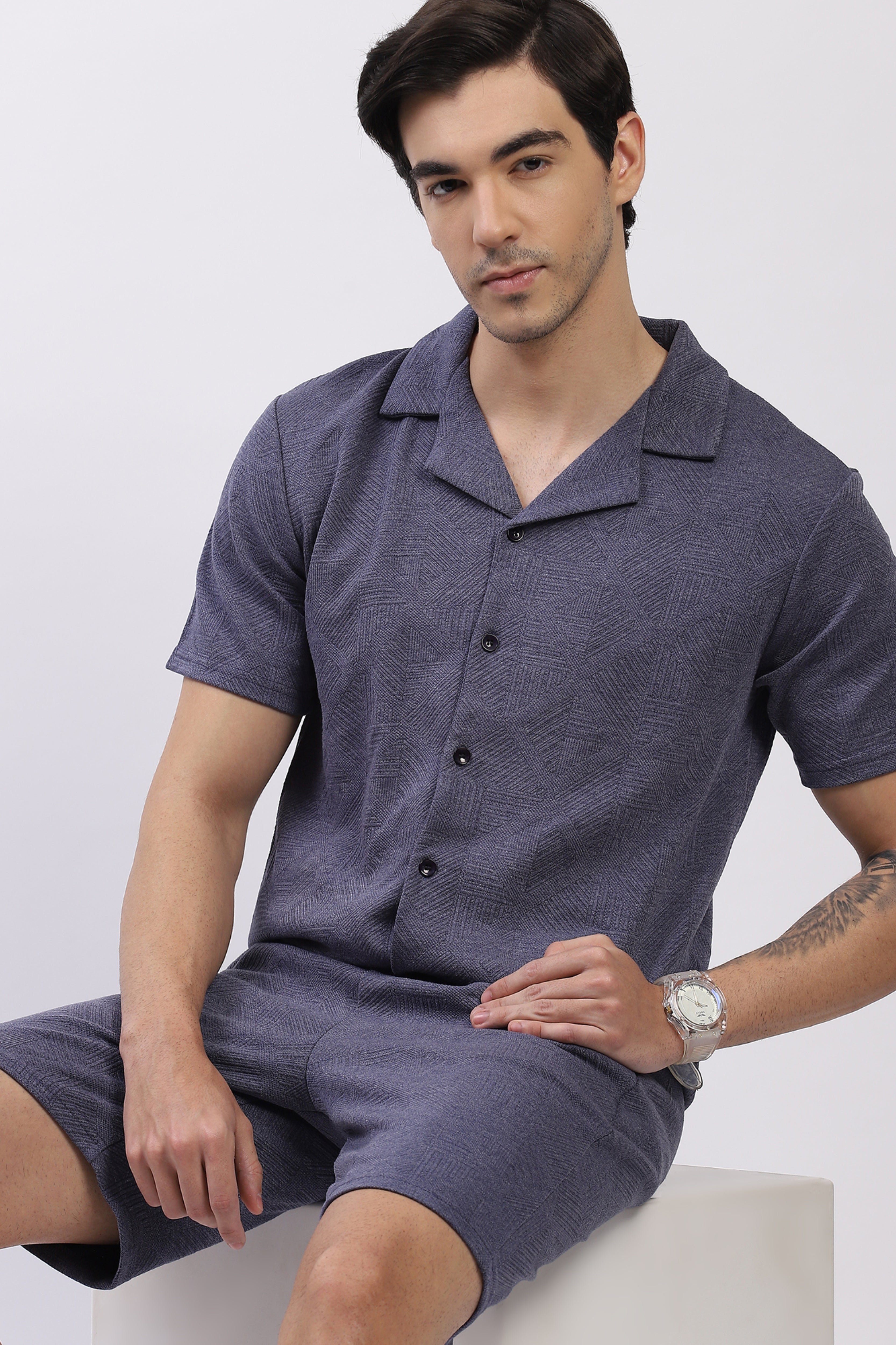 Blue Self-Design Shirt & Shorts Set