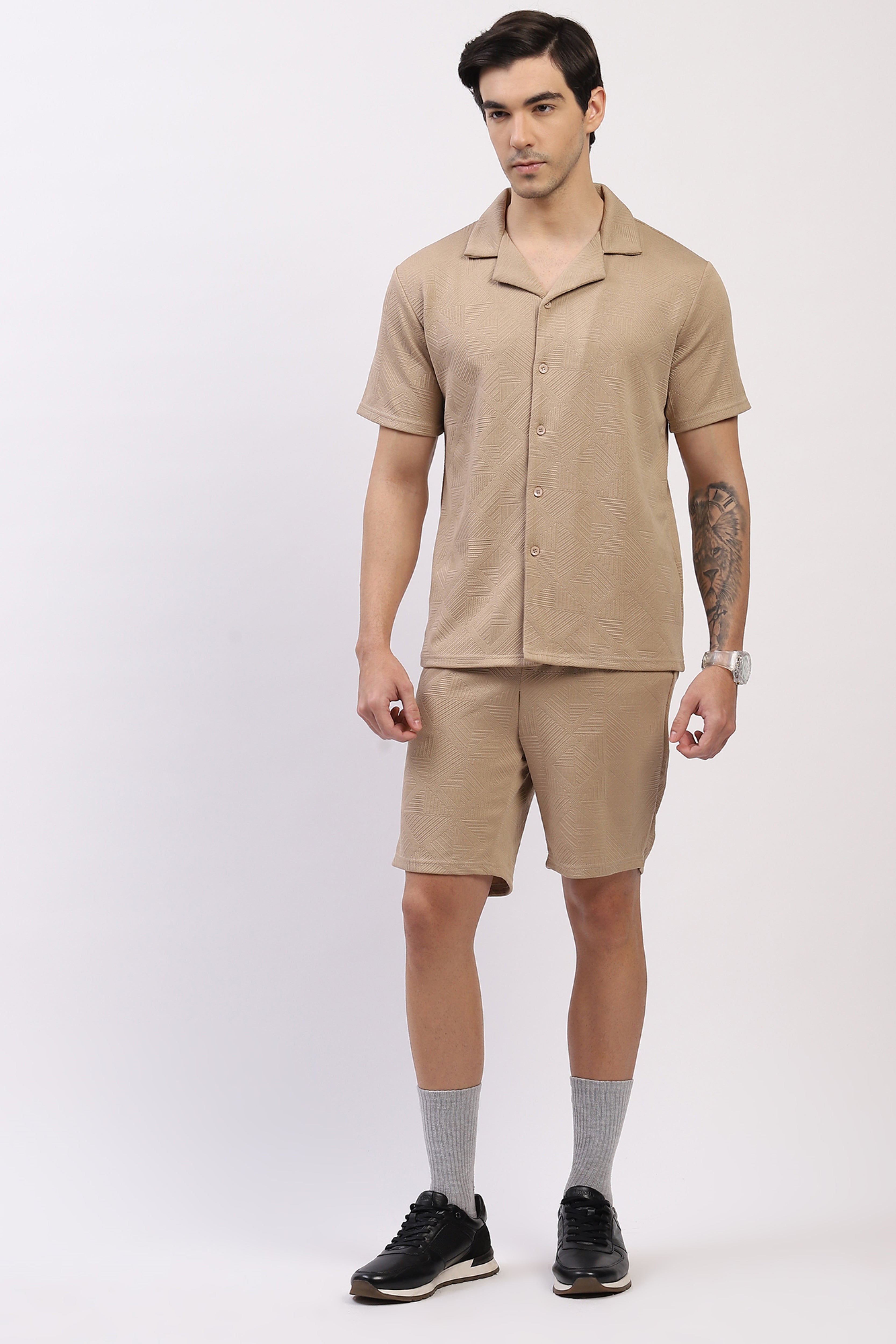 Beige Self-Design Shirt & Shorts Set