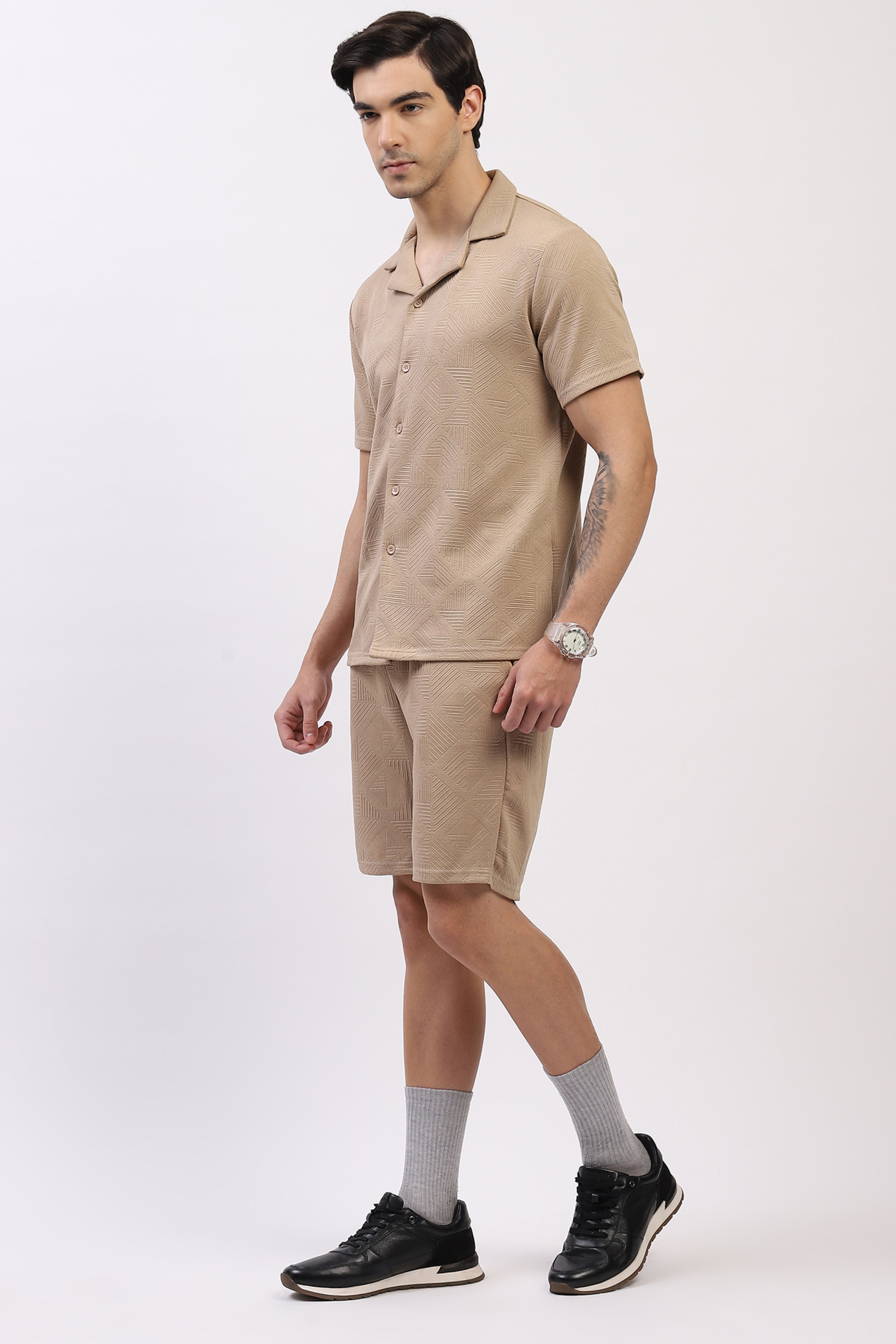 Beige Self-Design Shirt & Shorts Set