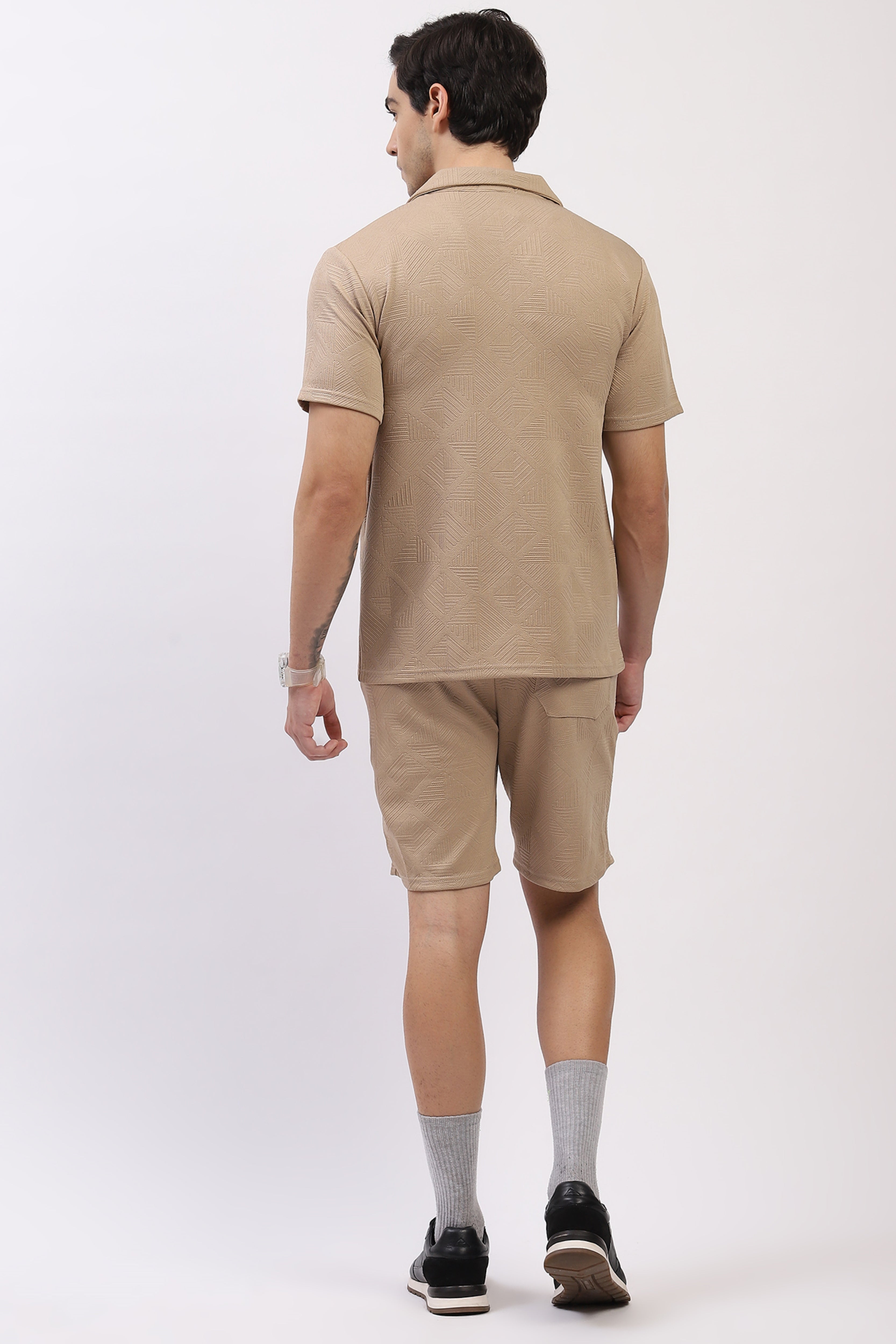 Beige Self-Design Shirt & Shorts Set