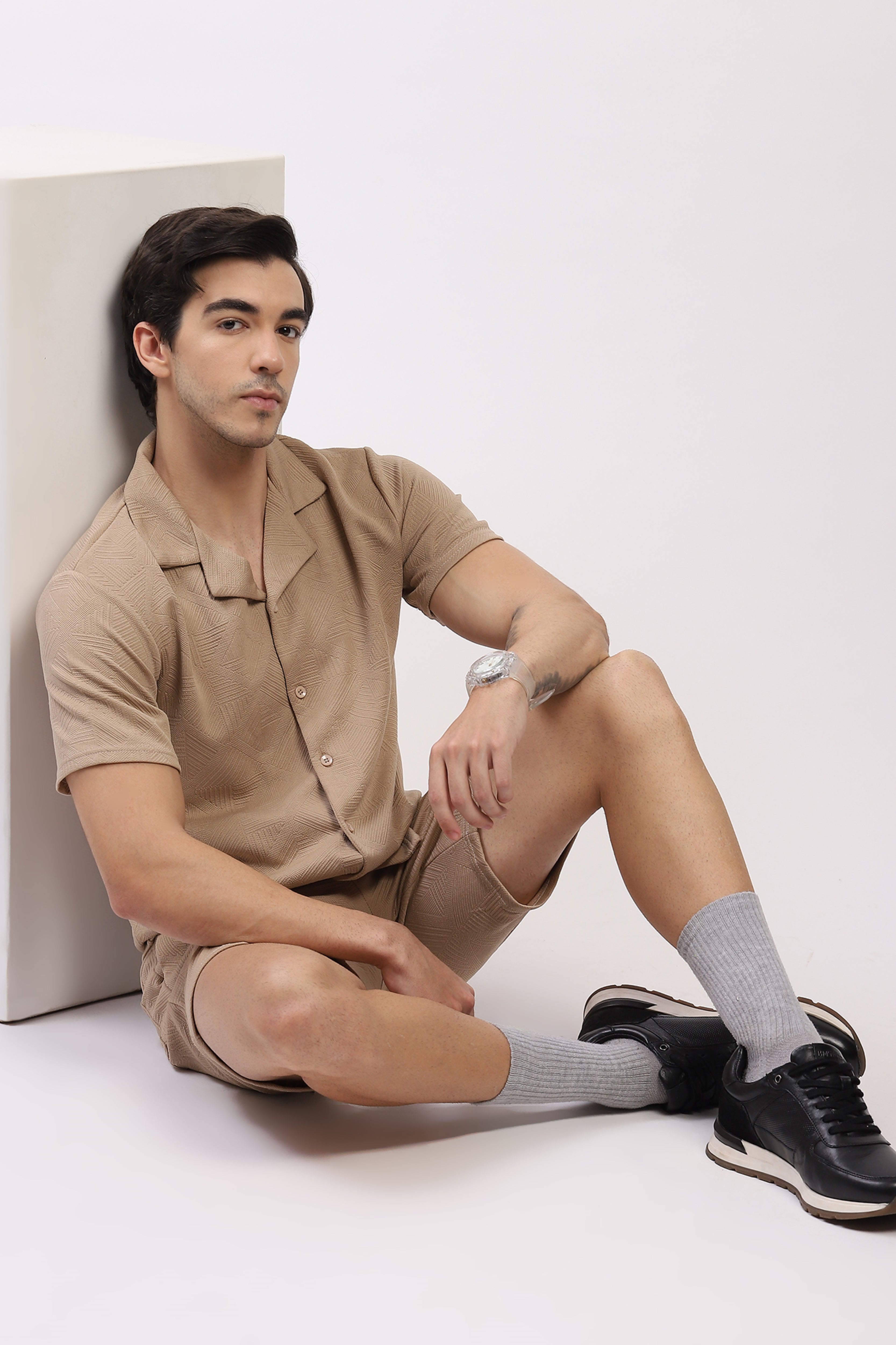 Beige Self-Design Shirt & Shorts Set