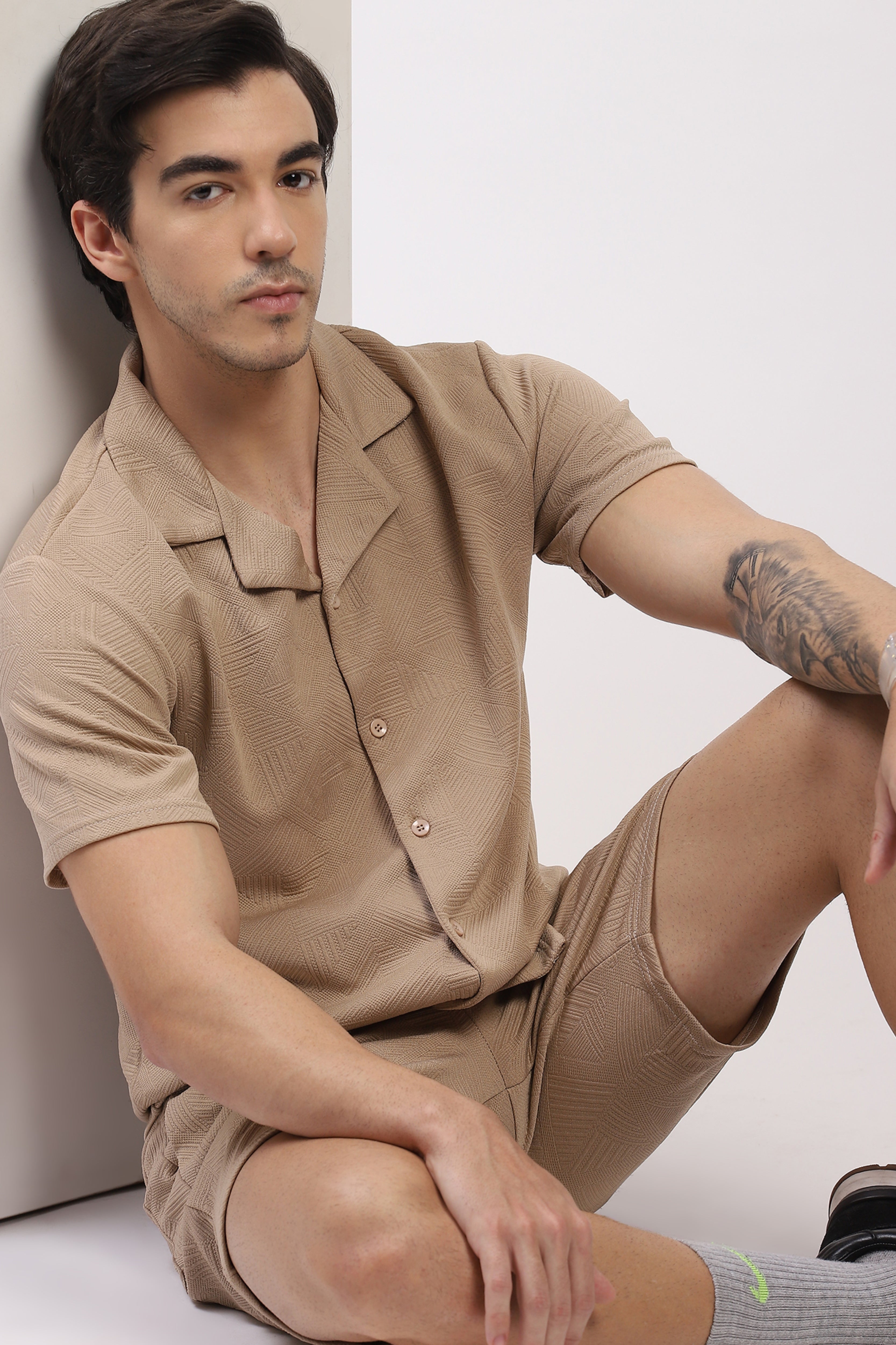 Beige Self-Design Shirt & Shorts Set