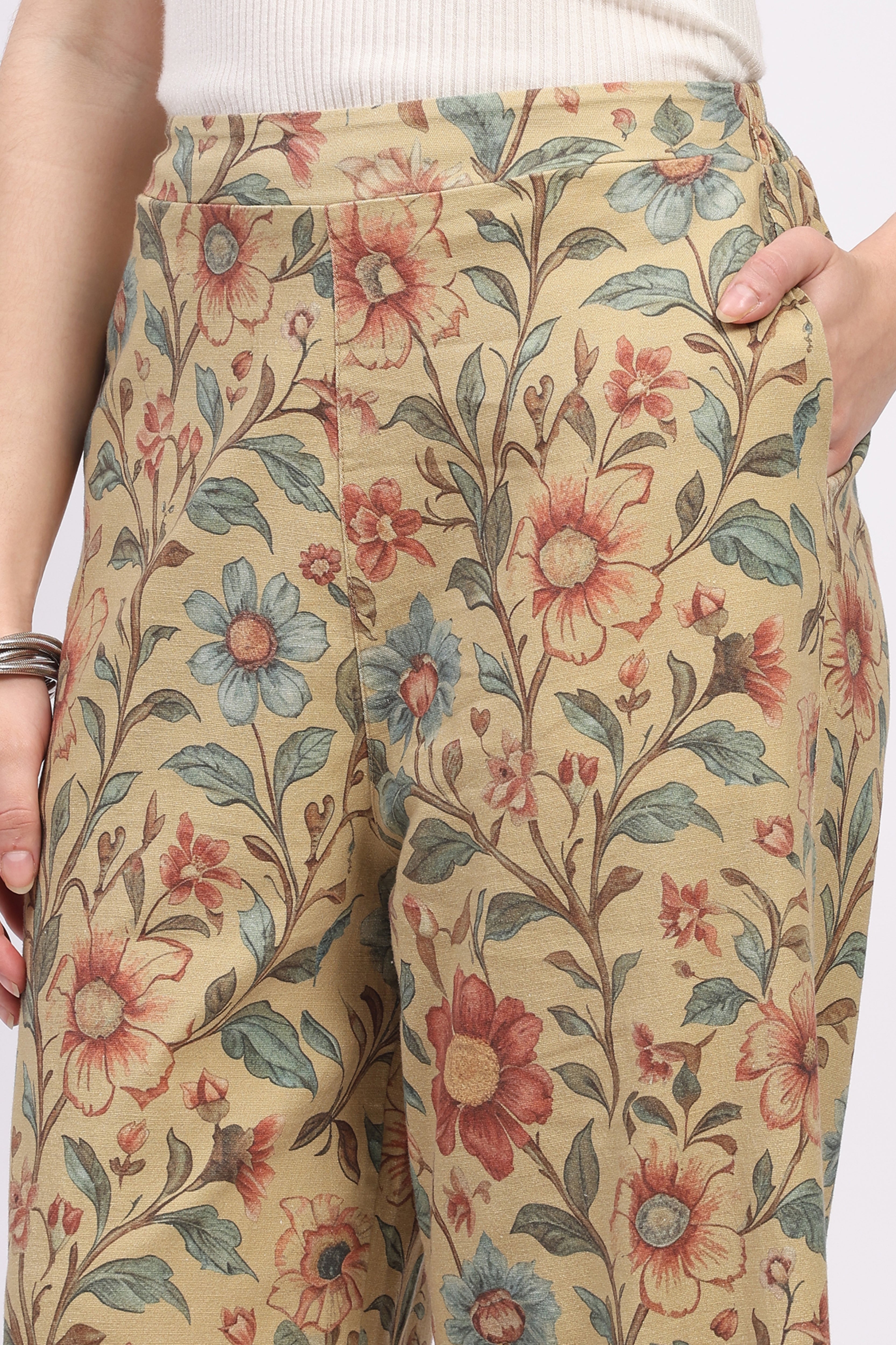 Beige Floral Print Cotton Lower