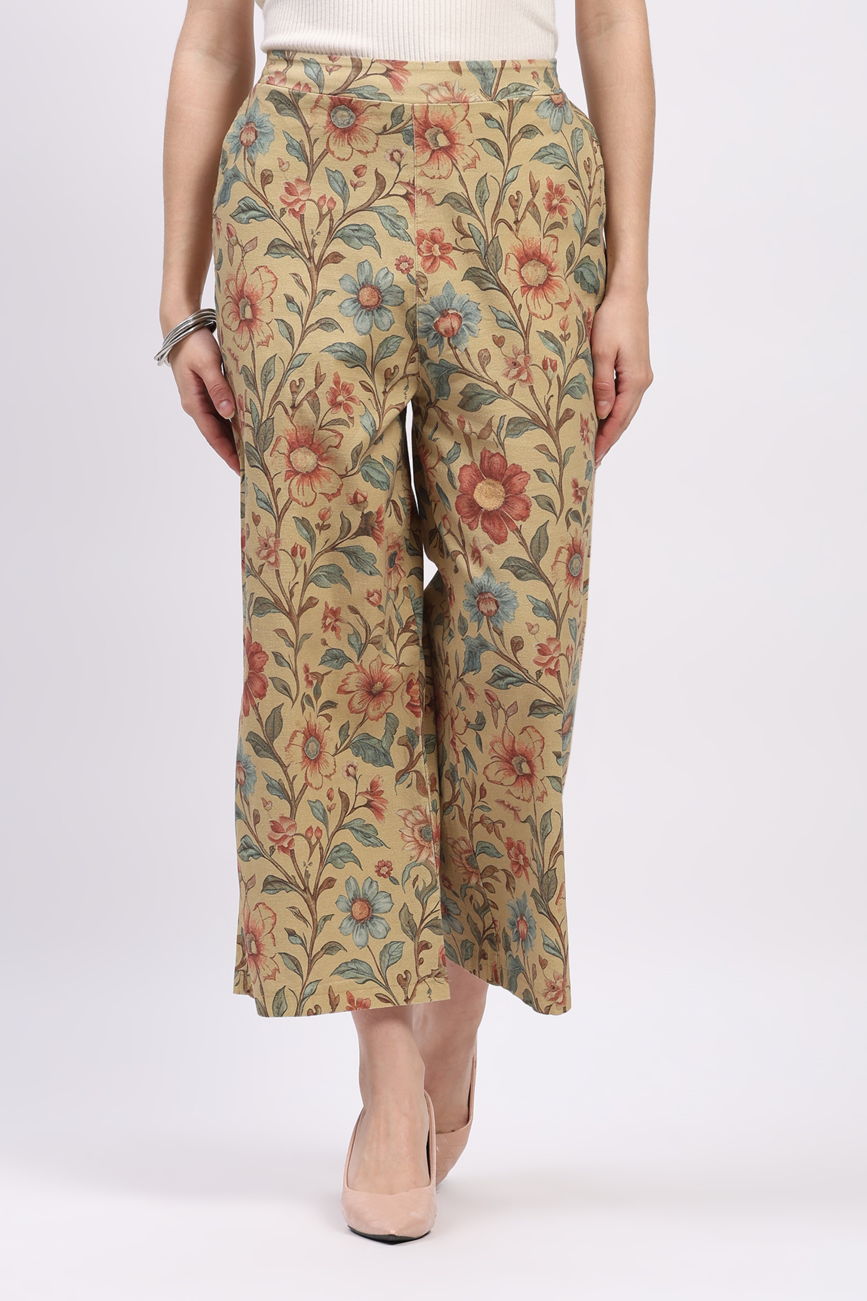 Beige Floral Print Cotton Lower
