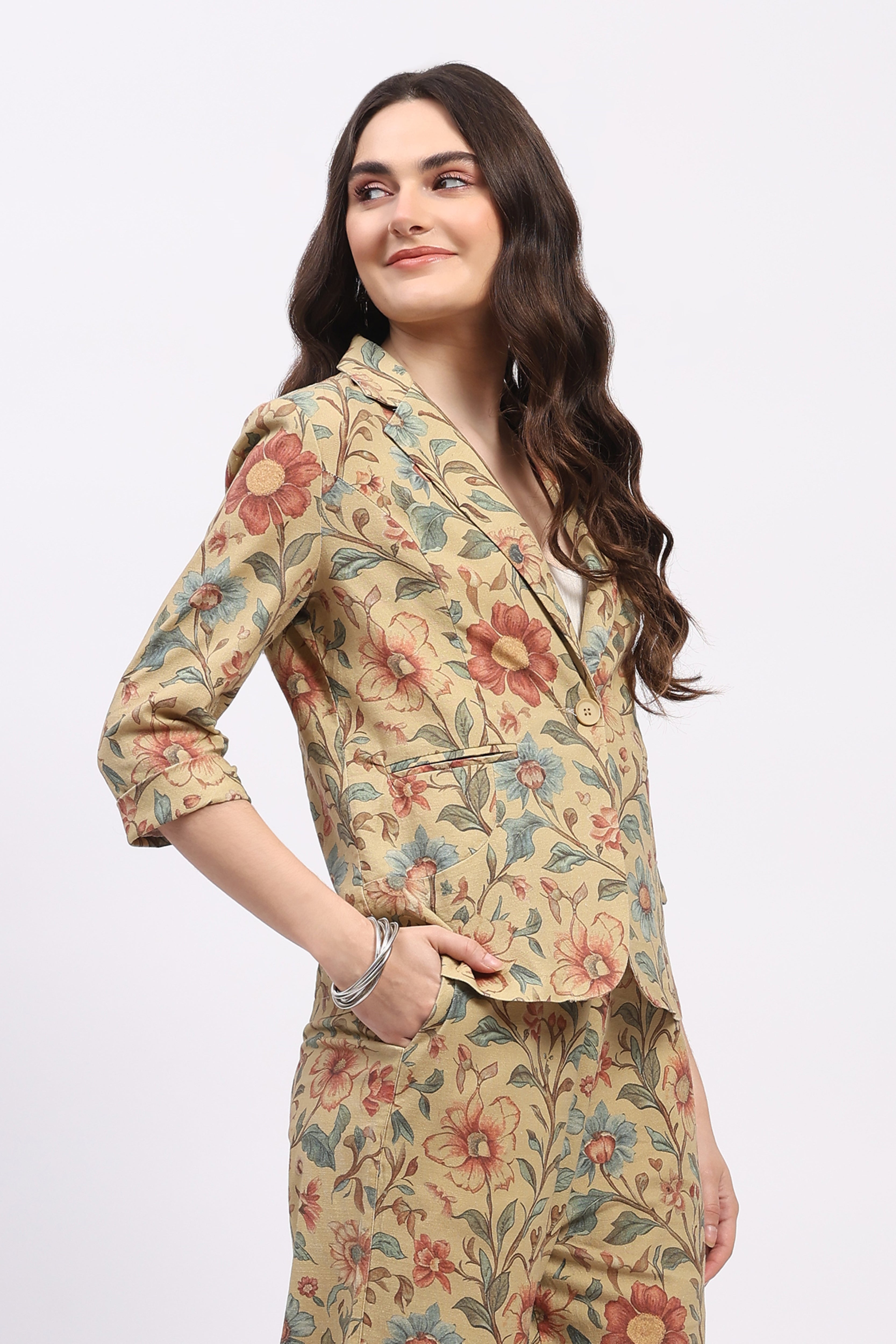 Beige Floral Print Cotton Co-ord Set